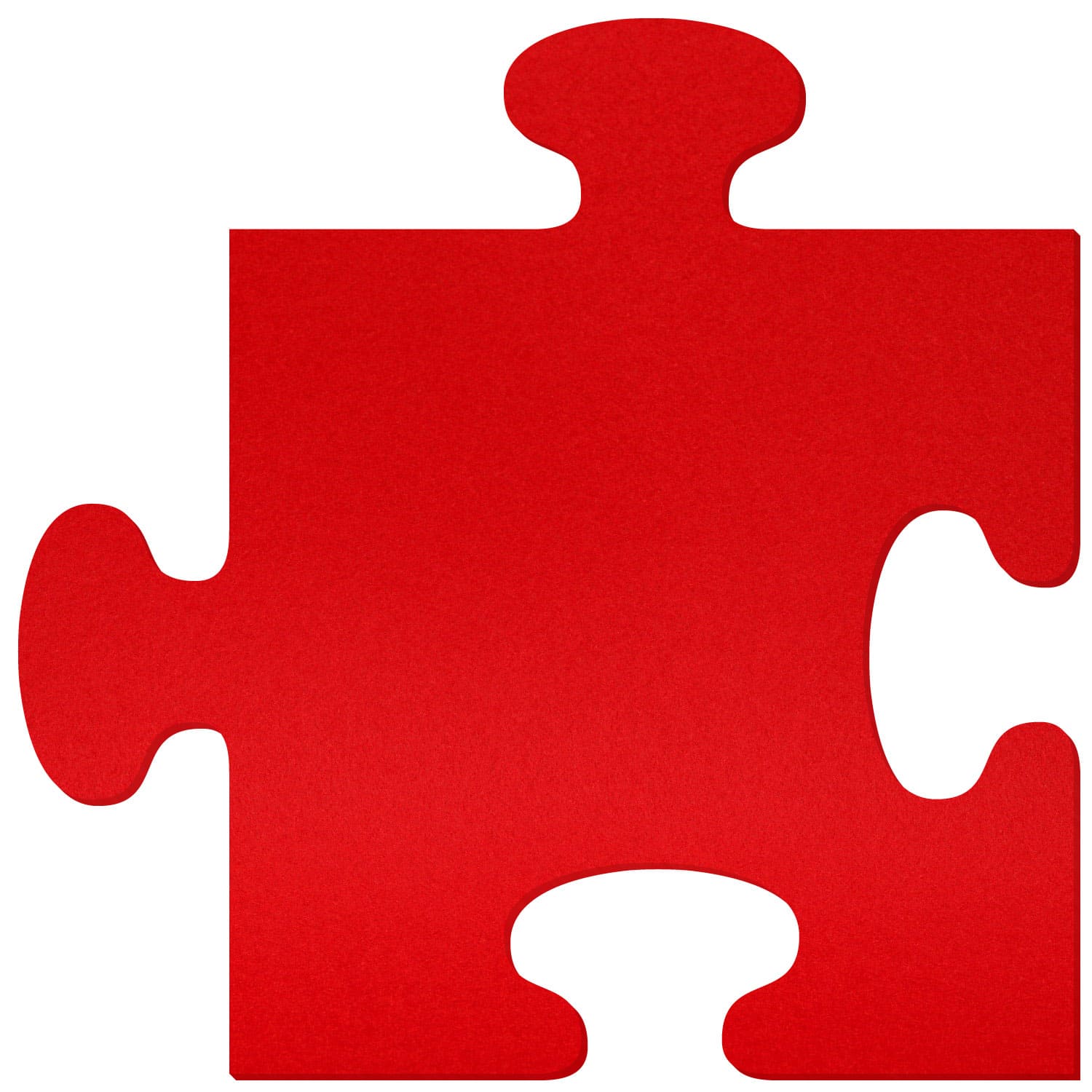 Rotes Puzzleteil aus Filz mit vier Verbindungsnasen auf weißem Hintergrund