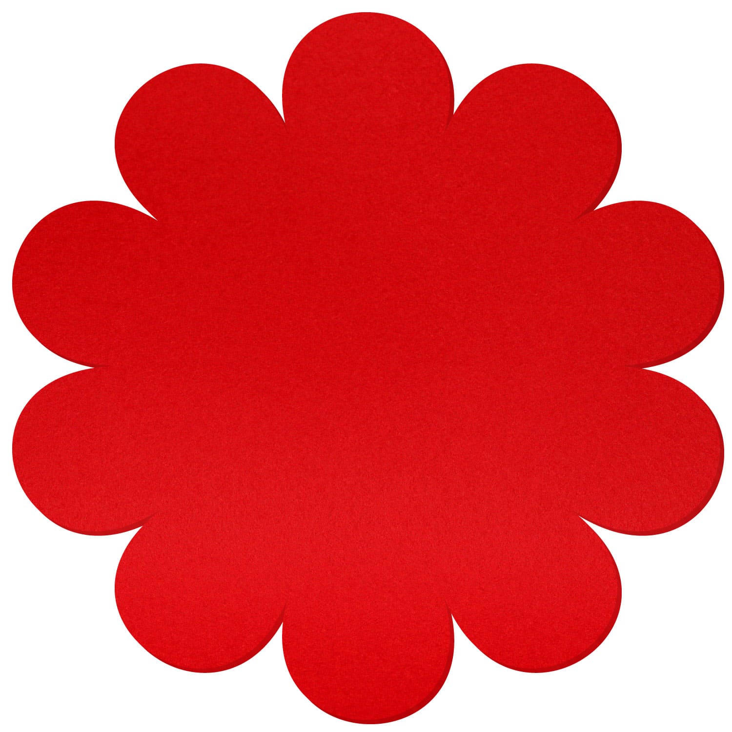Roter Filz-Untersetzer in Blumenform mit zehn gleichmäßig gerundeten Blütenblättern auf weißem Hintergrund