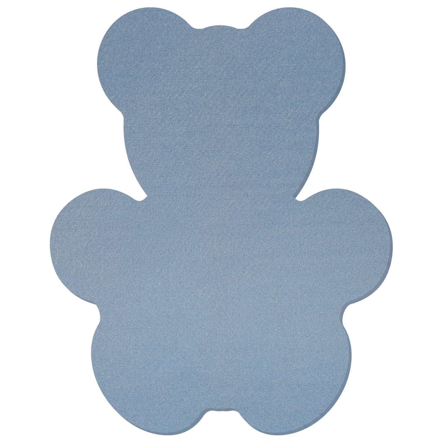Hellblauer Filz-Teddybär in flacher, zweidimensionaler Silhouette mit zwei runden Ohren, vier abgerundeten Gliedmaßen und schmalem Hals auf weißem Hintergrund.