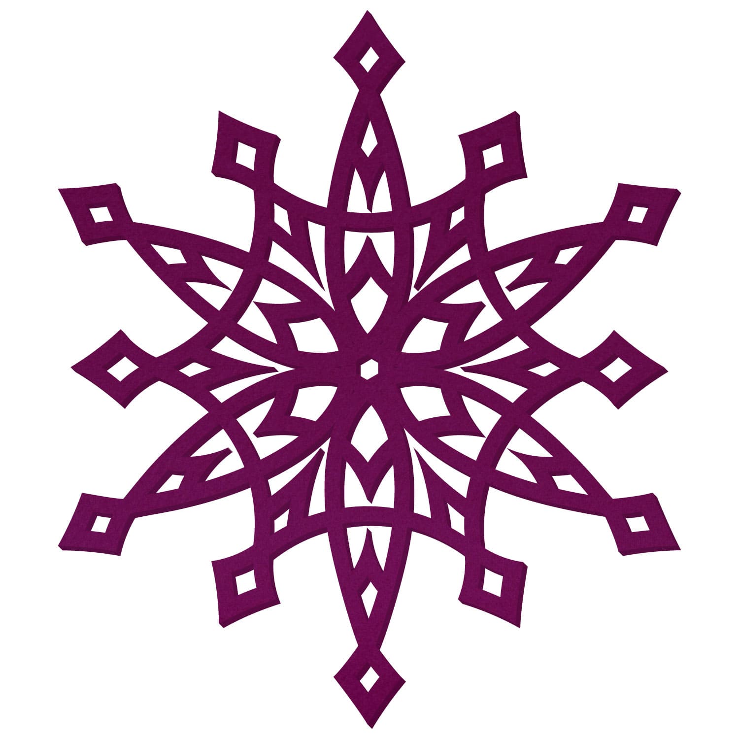 Filzstern in Aubergine mit achtzackigem Schneeflocken-Muster und durchbrochenen Rauten-Aussparungen auf weißem Hintergrund