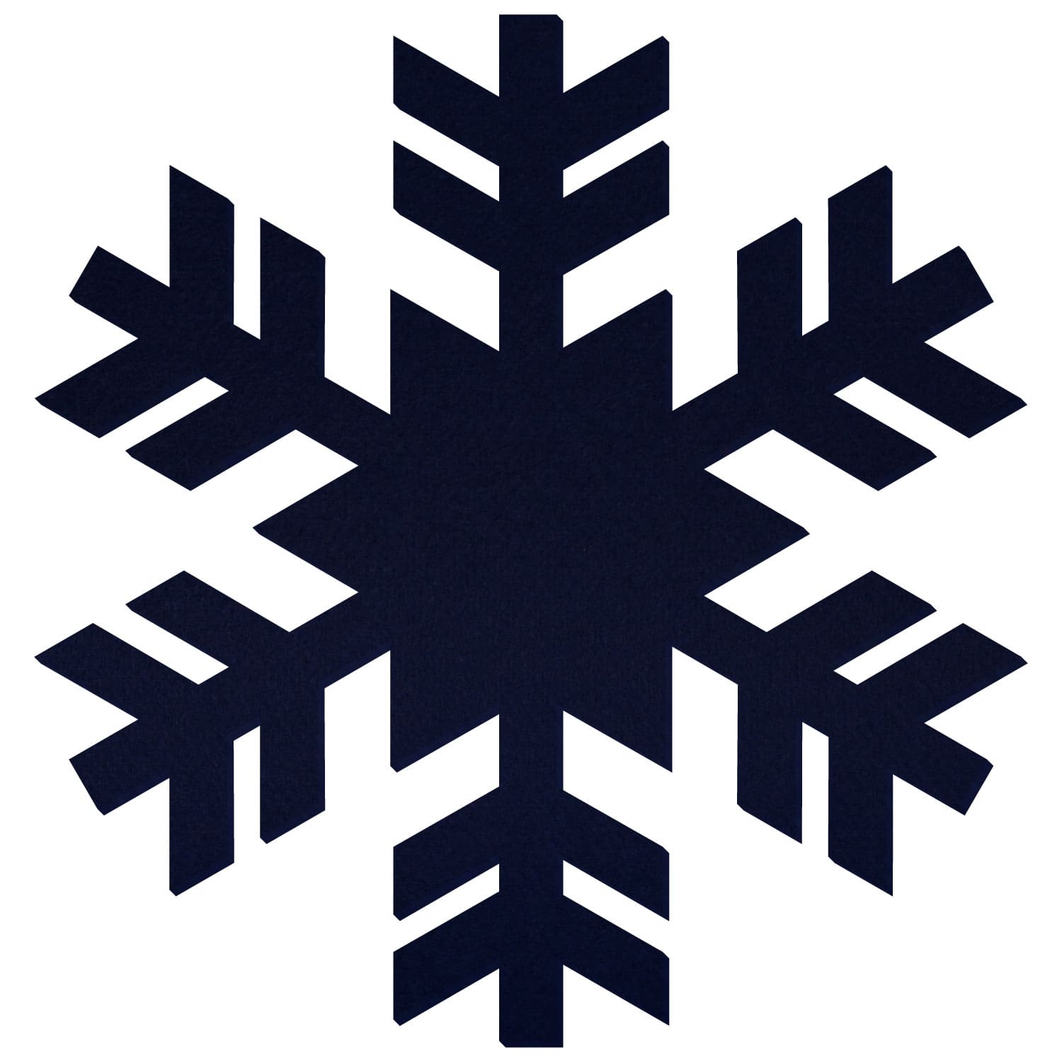 Dunkelblauer Filz-Zuschnitt in symmetrischer Schneeflockenform mit sechs Hauptarmen und kleinen Seitenästen auf weißem Hintergrund