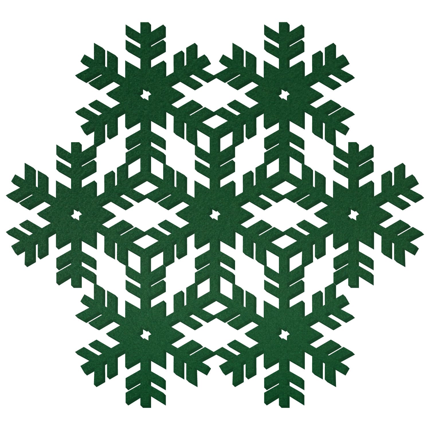 Dunkelgrüne Filz-Schneeflocke mit sechszackigem, symmetrischem Muster aus geometrischen Ausstanzungen und verzweigten Zacken auf weißem Hintergrund