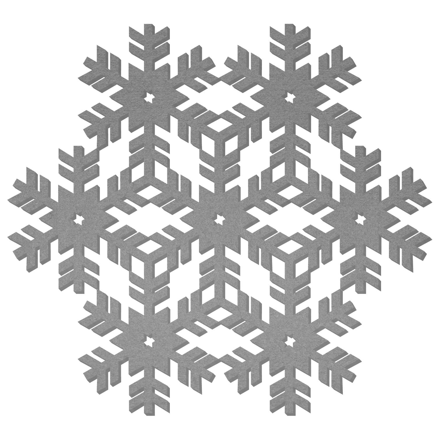 Große graue Filz-Schneeflocke mit symmetrischem Kristallmuster aus ineinandergreifenden kleineren Schneeflocken-Elementen auf weißem Hintergrund.