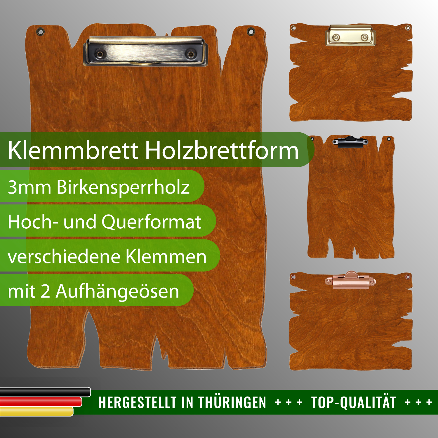 Klemmbrett Holzbrettform Rum mit 2 Ösen mit Produktinfos