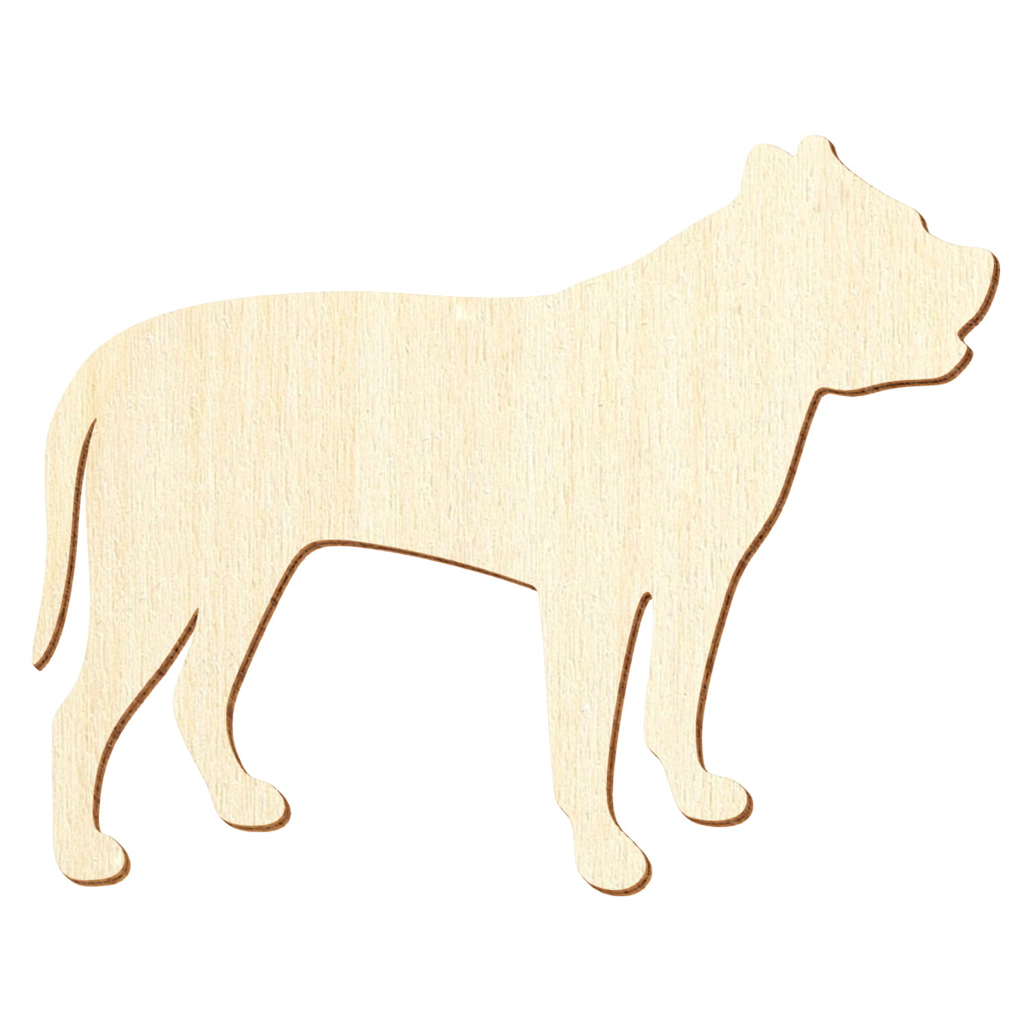 Pitbull-Silhouette aus hellem Sperrholz, lasergravierte Konturlinien, stehende Seitenansicht auf weißem Hintergrund