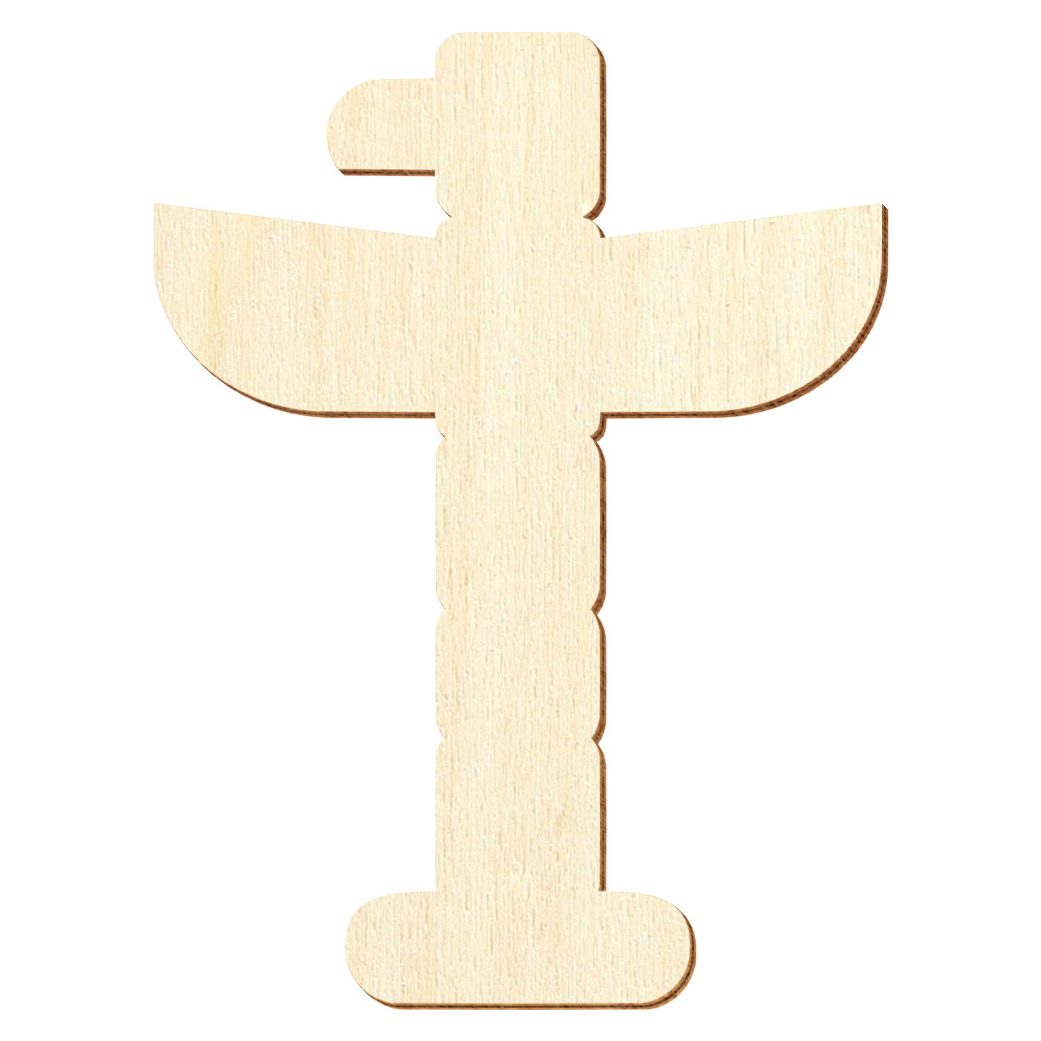 Flacher Holz-Zuschnitt in Totempfahl-Form aus hellem Sperrholz mit stilisiertem Vogel oben und segmentiertem Schaft