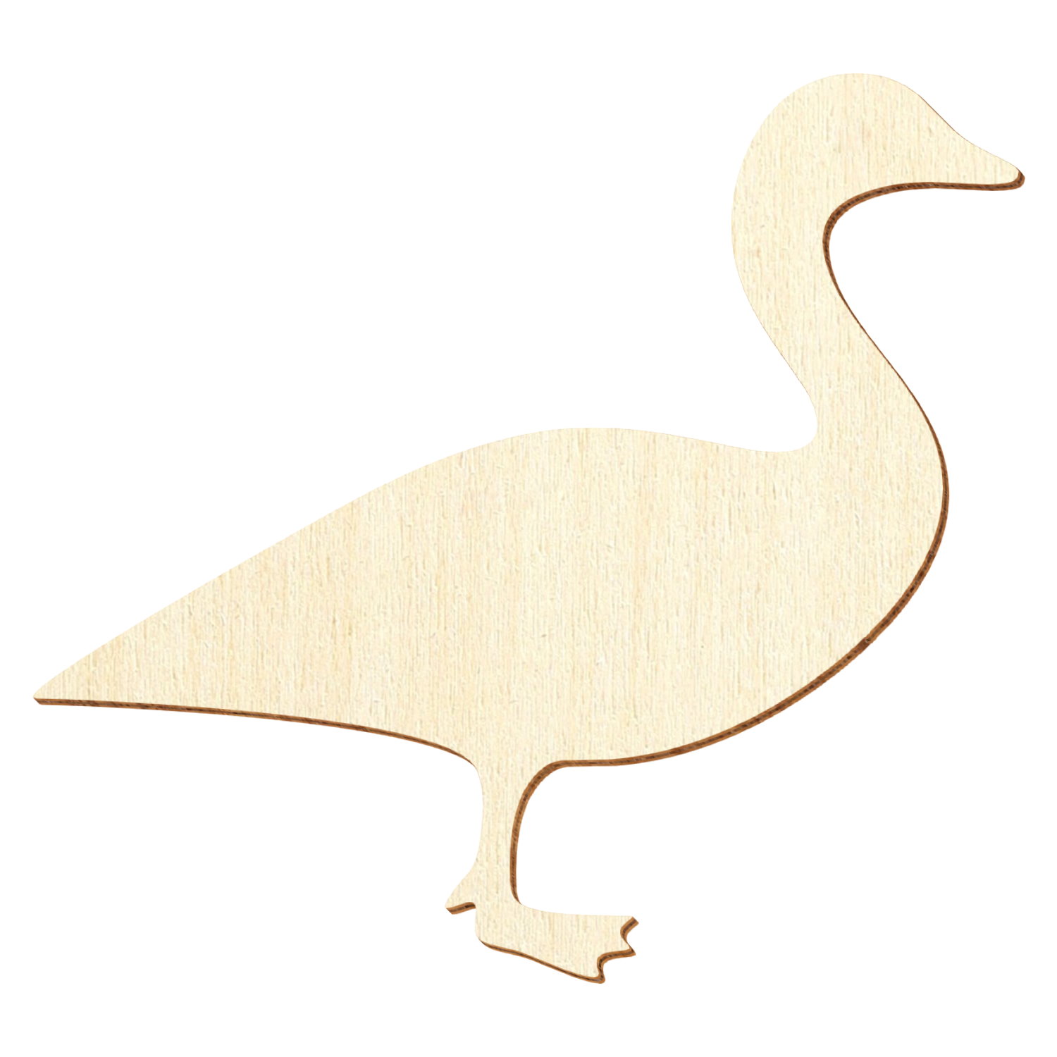 Helles Holz-Rohling in Form einer Kanadagans-Silhouette mit langem Hals, seitlich stehendem Körper und sichtbaren Füßen, lasergravierte braune Konturlinie auf naturfarbenem Sperrholz