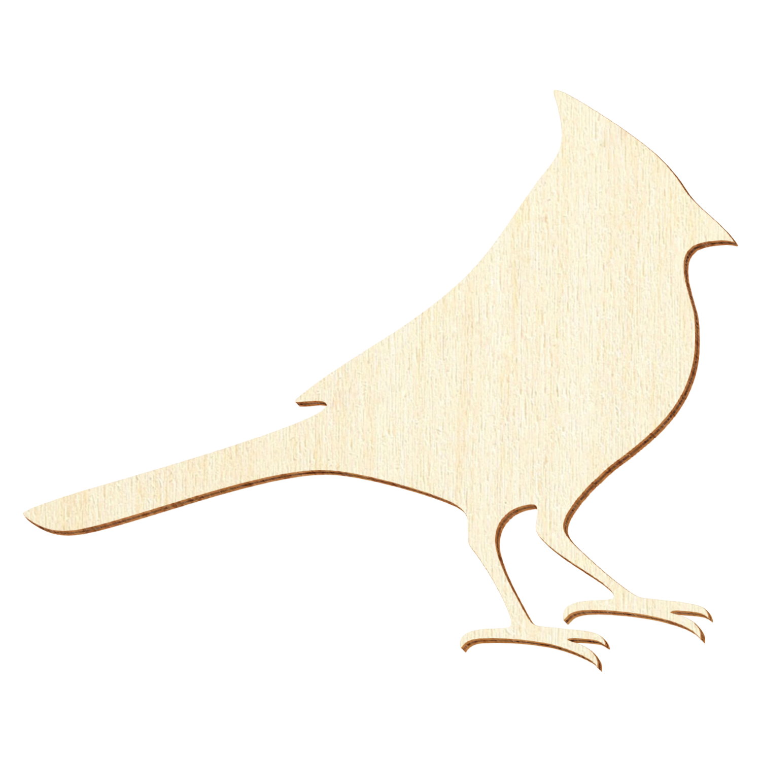 Lasergefräste Holzsilhouette eines Kardinals mit Haube, Schnabel, Schwanz und Krallen auf weißem Hintergrund