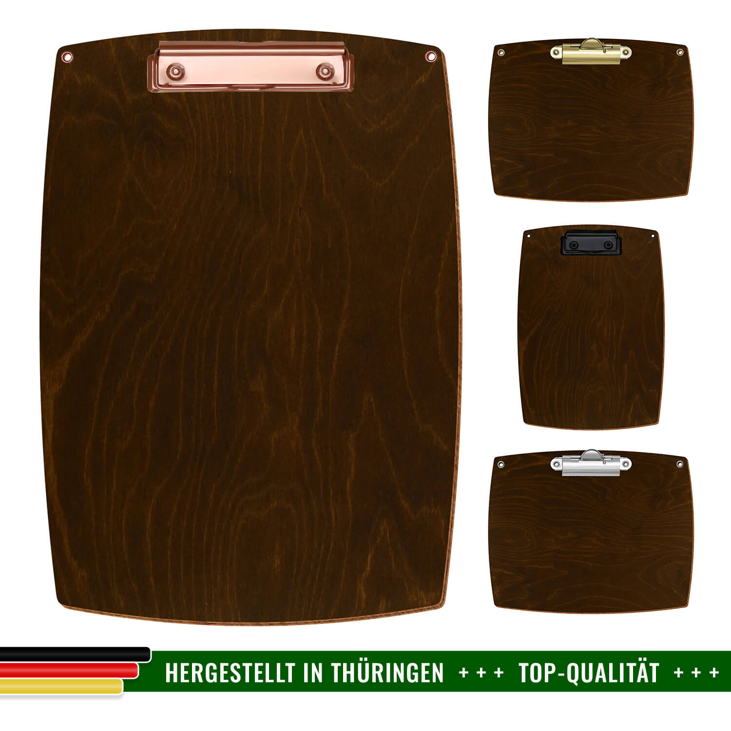 Bütic Holz-Klemmbrett konvex in der Farbe Eiche dunkel mit Aufhängeösen in 4 verschiedenen Ausführungen mit Hinweis Hergestellt in Thüringen