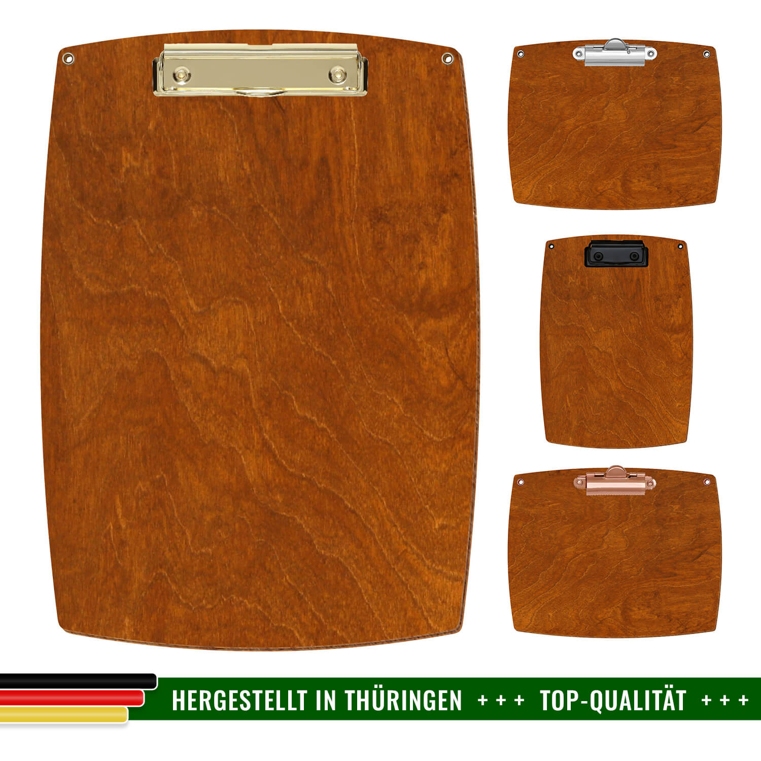 Bütic Holz-Klemmbrett konvex in der Farbe Rum mit Aufhängeösen in 4 verschiedenen Ausführungen mit Hinweis Hergestellt in Thüringen