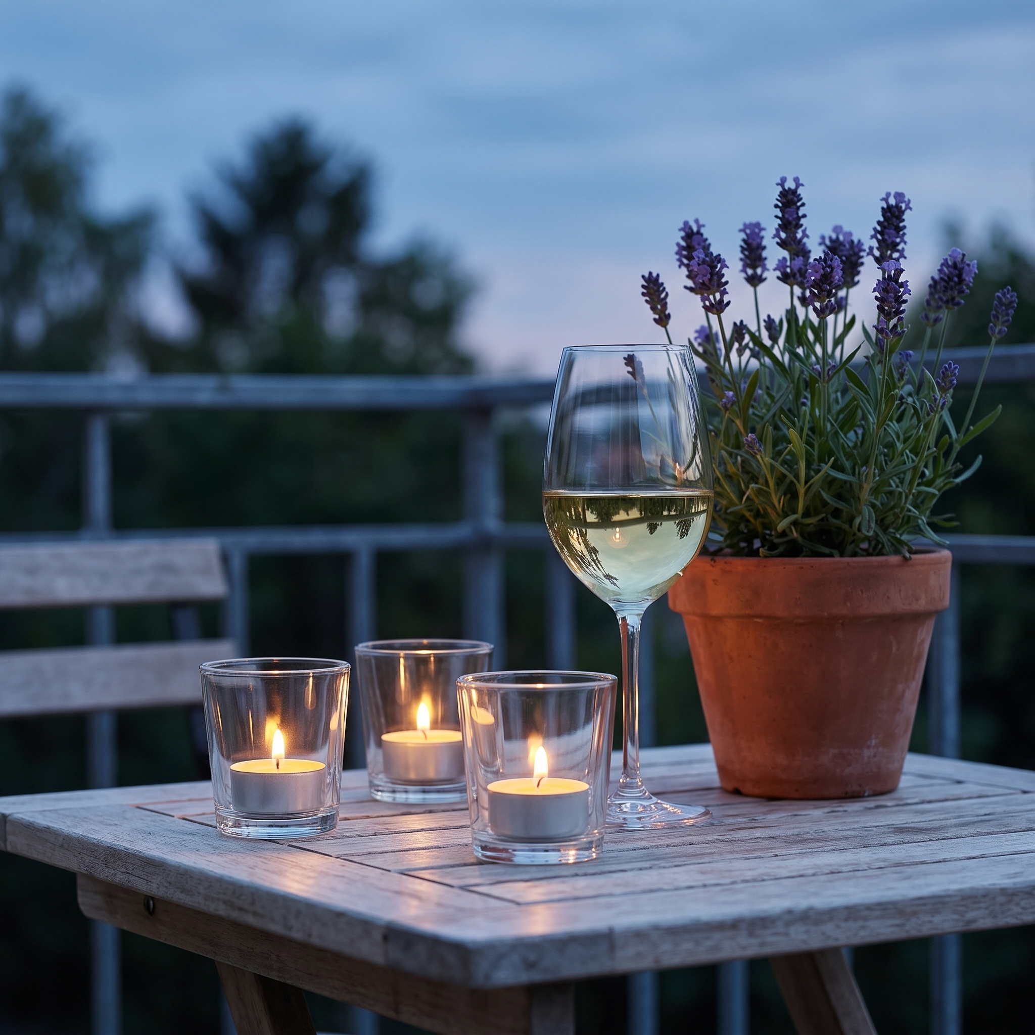 Drei klare Votivgläser mit brennenden Teelichtern auf einem Holztisch auf dem Balkon in der Abenddämmerung, daneben ein Weißweinglas und Lavendel im Tontopf