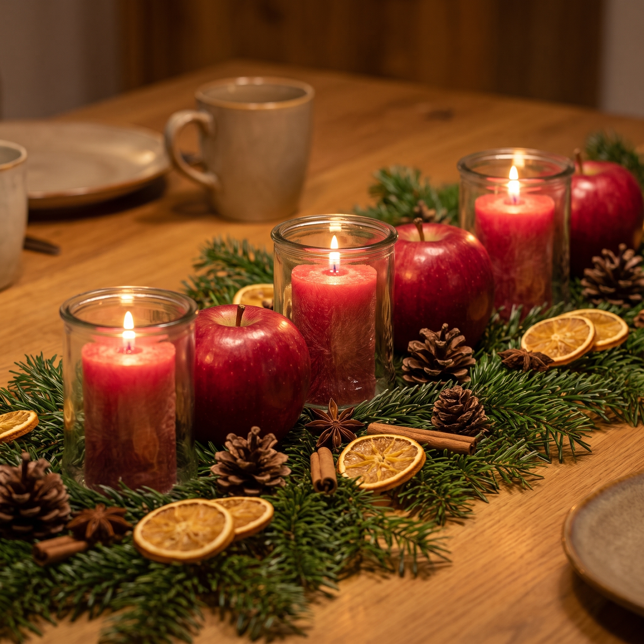 Drei große Teelichtgläser mit brennenden roten Stumpenkerzen auf einem Läufer aus Tannenzweigen mit roten Äpfeln, Orangenscheiben und Tannenzapfen im Advent