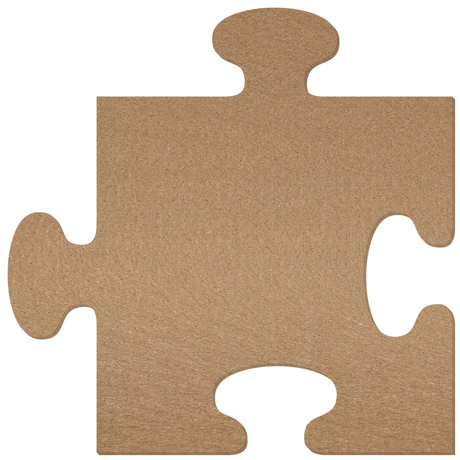 Einzelnes Puzzleteil aus schlammfarbenem Filz mit einer Aussparung an der Unterseite und rechten Seite sowie je einem Zapfen an der Oberseite und linken Seite, freigestellt auf weißem Hintergrund.