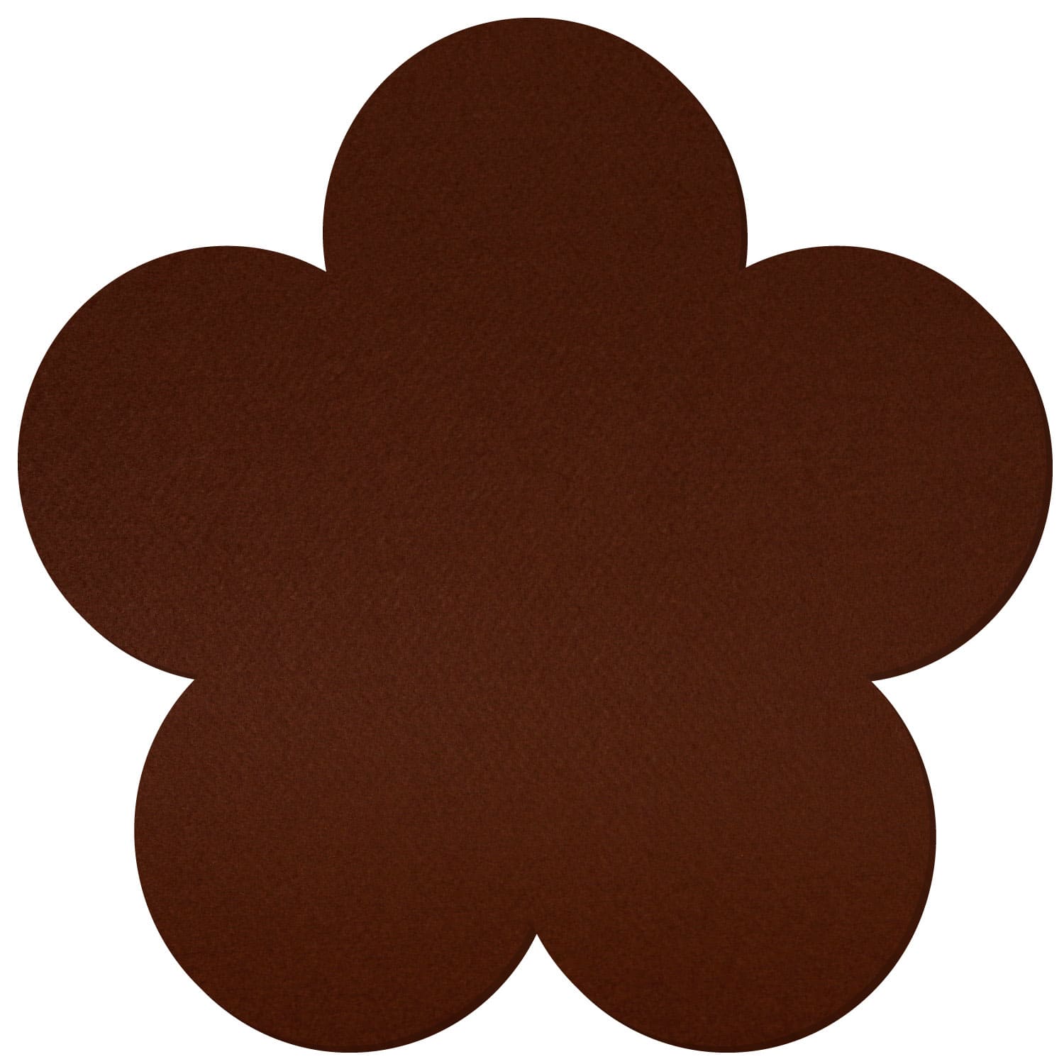 Untersetzer in Blumenform aus braunem Filz mit fünf runden Blütenblättern auf weißem Hintergrund
