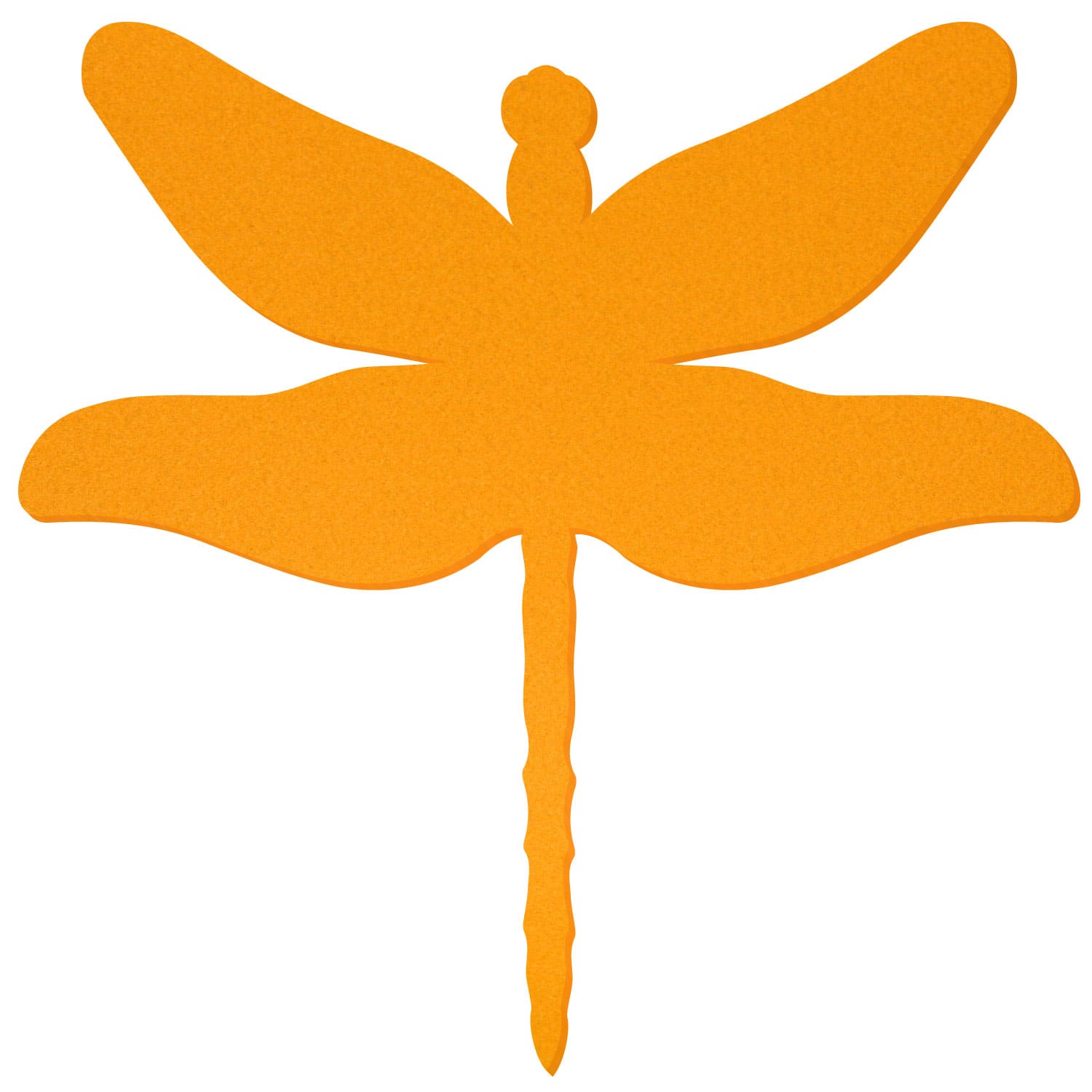 Orangefarbene Filz-Libelle mit vier ausgebreiteten Flügeln und schmalem Körper, freigestellt auf weißem Hintergrund.