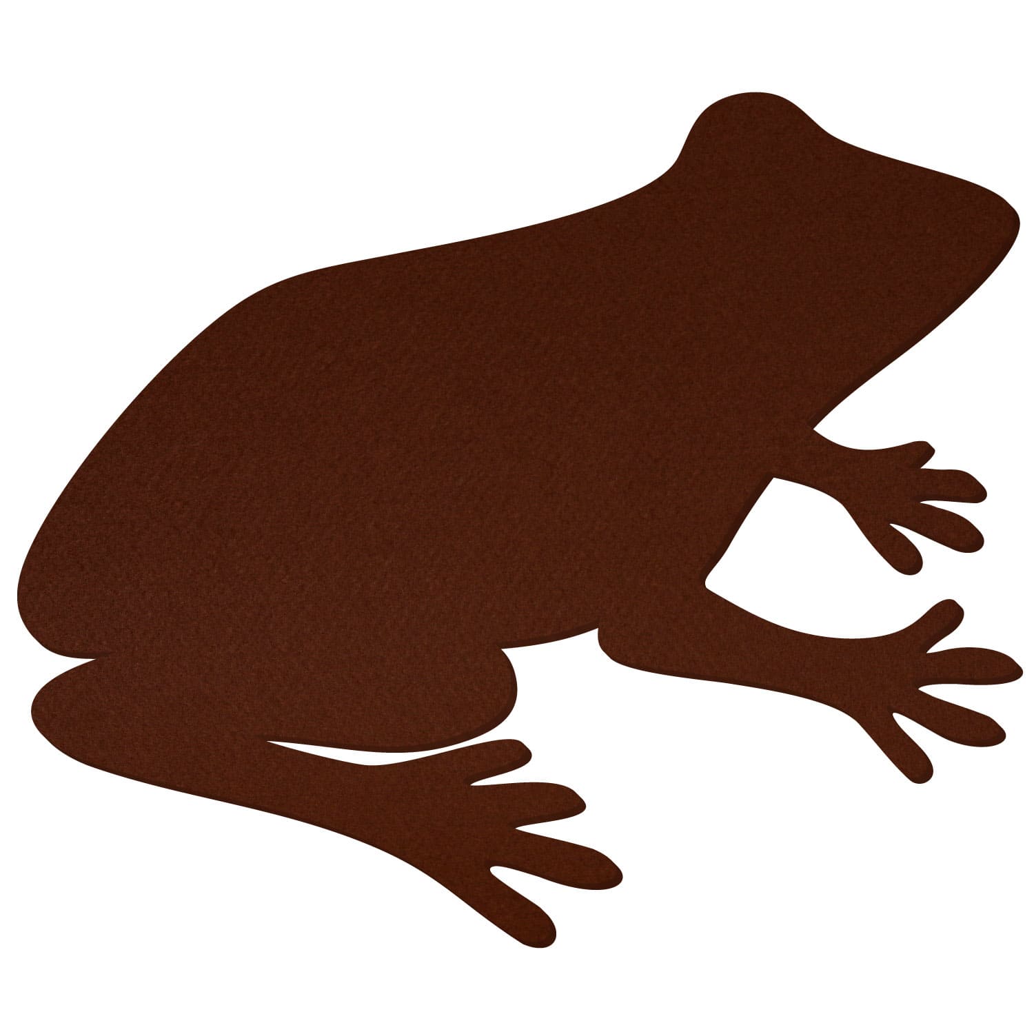 Braune Frosch-Silhouette aus Filz in sitzender Pose mit gespreizten Zehen, Seitenansicht auf weißem Hintergrund