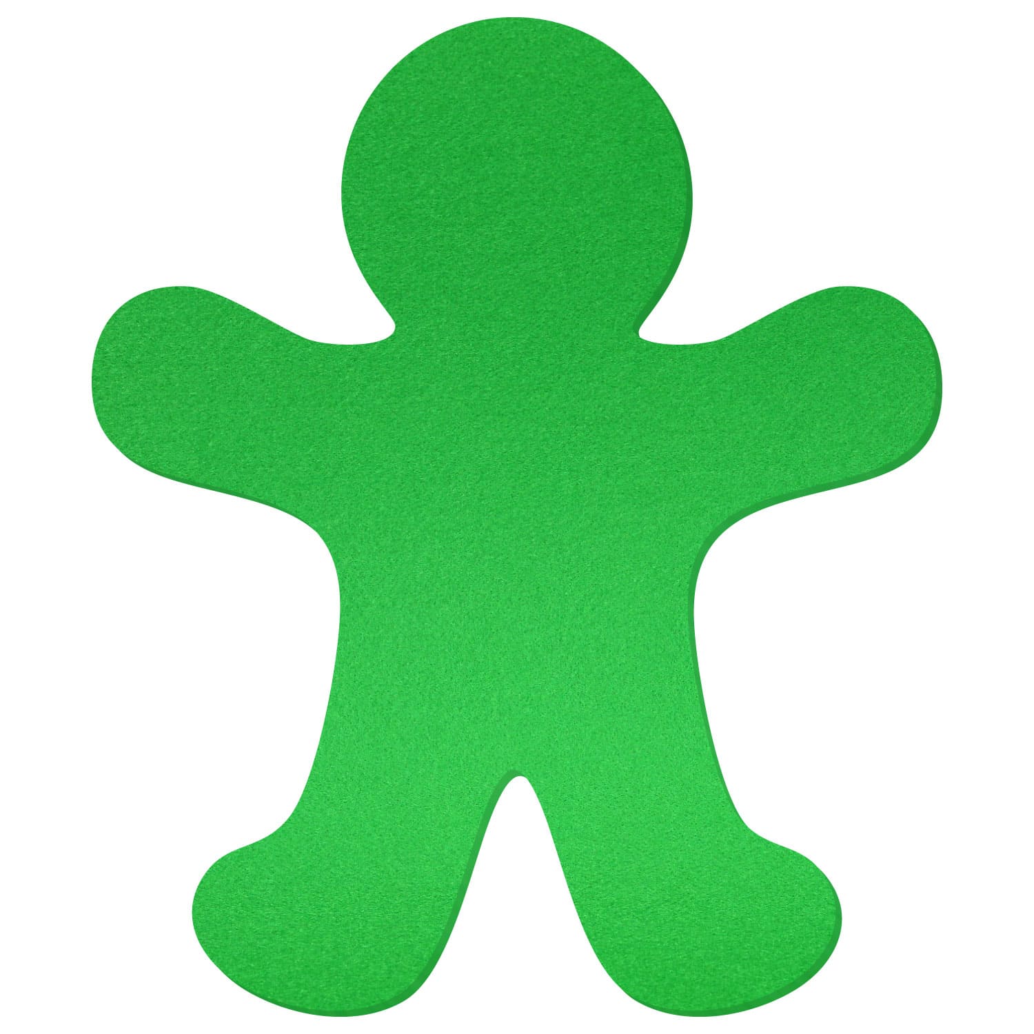 Grüne Lebkuchenmann-Silhouette aus Filz mit runder Kopfform, ausgestreckten Armen und gespreizten Beinen auf weißem Hintergrund