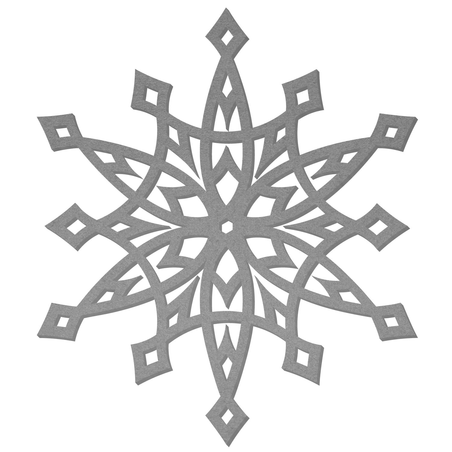 Grauer Filzstern in Schneeflocken-Optik mit acht symmetrischen Zacken, durchbrochenen Rautenmuster-Aussparungen und filigran ausgeschnittenen Ornamenten