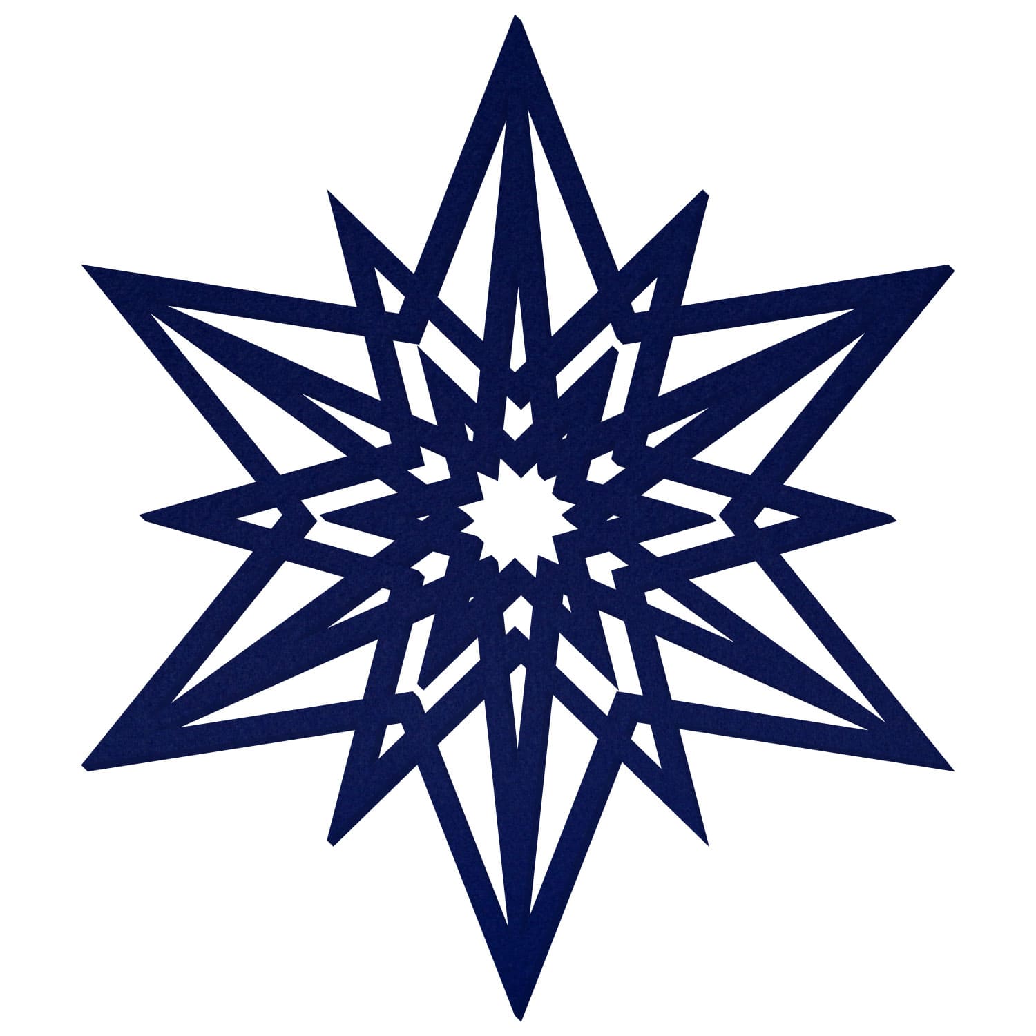 Dunkelblauer Filzstern mit achteckiger Lasercut-Struktur, geometrischem Linienmuster und kleinem offenen Zentrum auf weißem Hintergrund