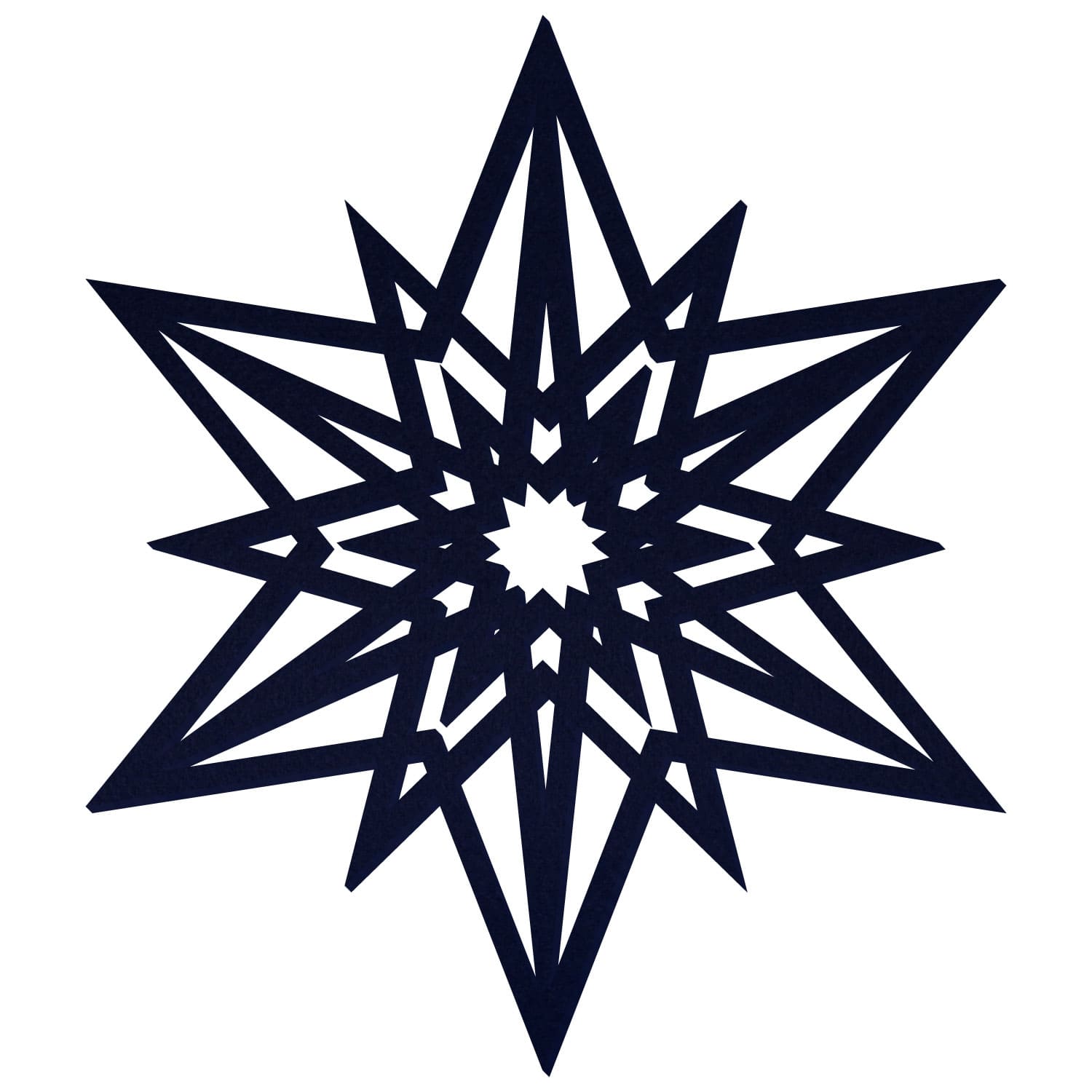 Dunkelblauer Filzstern mit achteckiger Sternform, filigran ausgeschnittenen geometrischen Linien und kleinem offenem Zentrum auf weißem Hintergrund