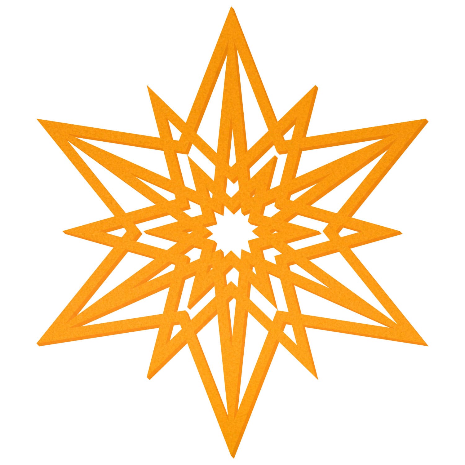 Orangegelber Filzstern mit achteckiger Zackenform und filigran ausgestanztem Innenmuster aus konzentrischen Dreiecken, weißer Hintergrund