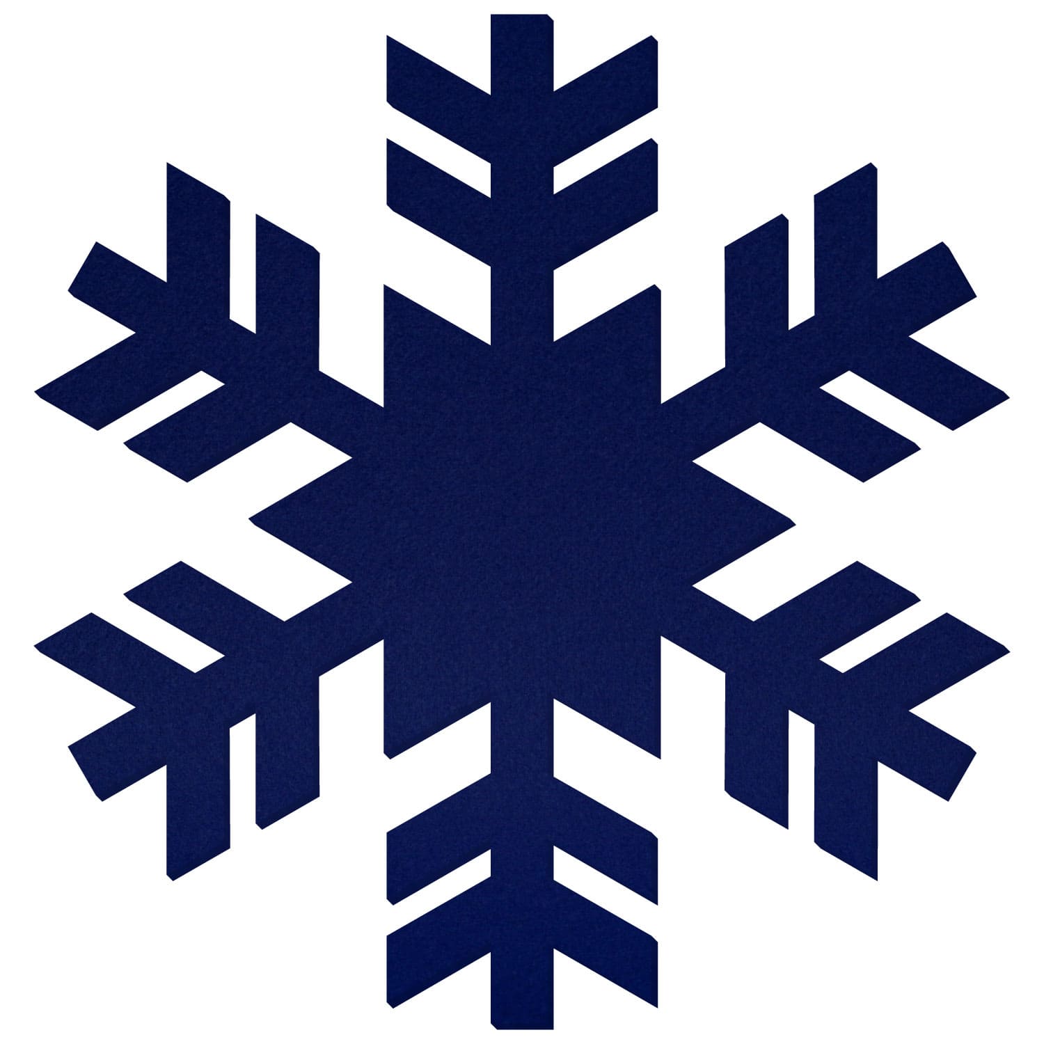 Dunkelblaue Schneeflocke aus Filz mit sechszackiger, symmetrischer Form auf weißem Hintergrund