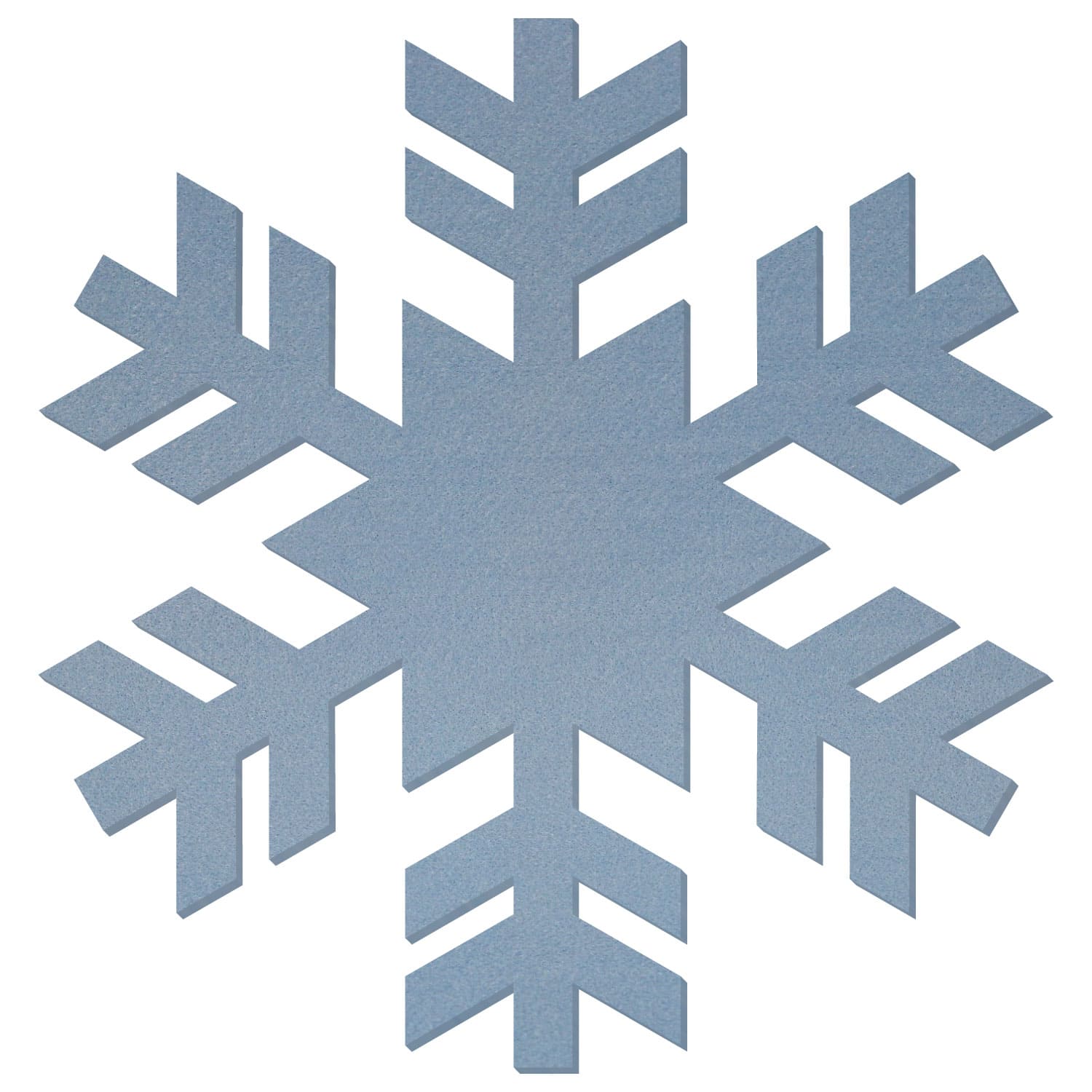 Hellblaue Filz-Schneeflocke mit sechszackiger symmetrischer Form und strukturierter Filzoberfläche auf weißem Hintergrund