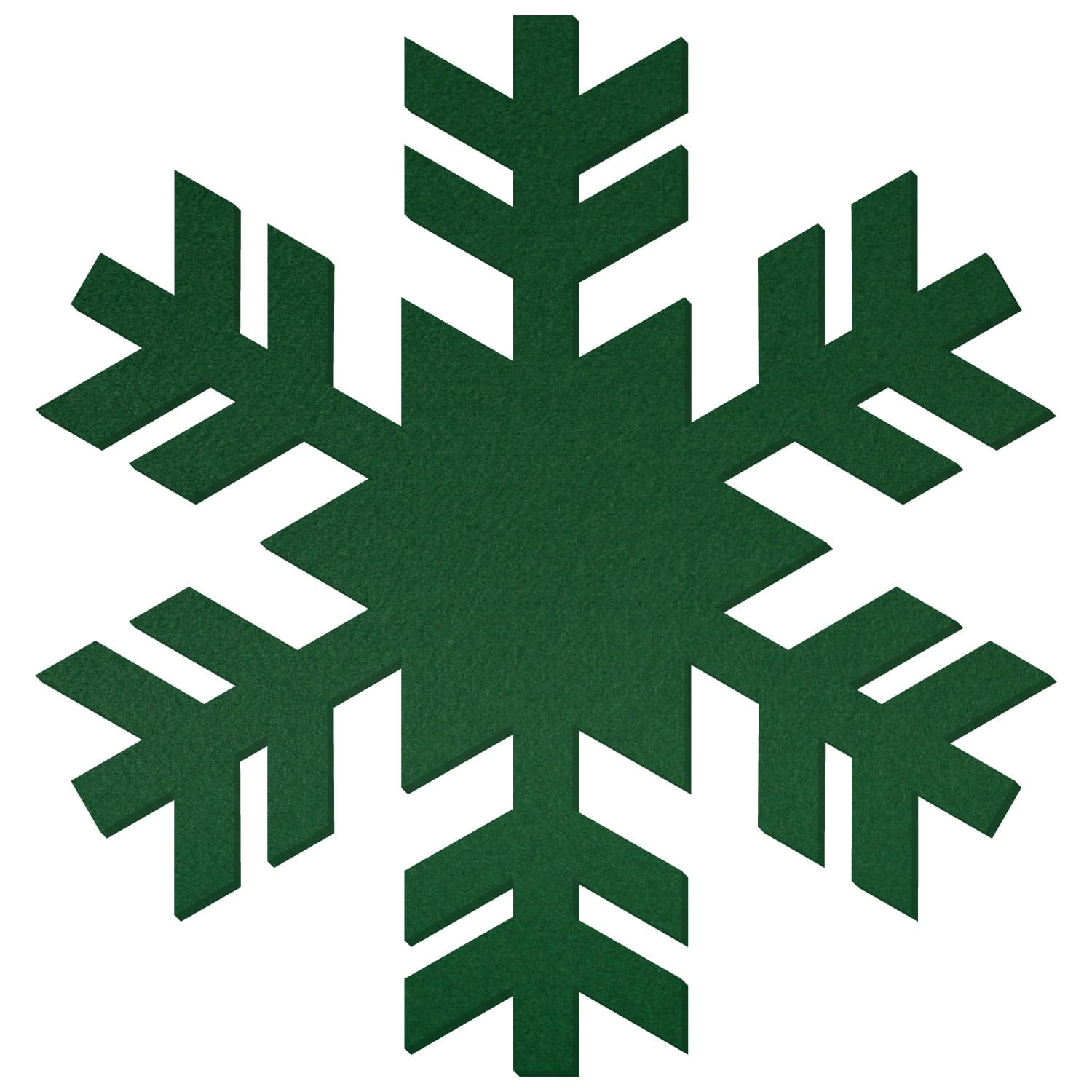 Dunkelgrüne Schneeflocke aus Filz mit sechszackiger symmetrischer Form und gefiederten Armen auf weißem Hintergrund