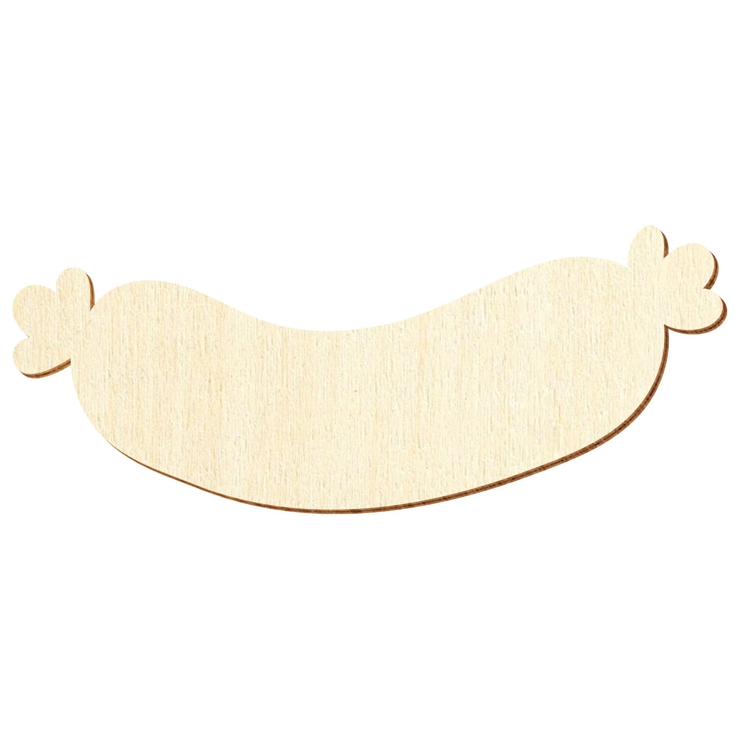 Ausgeschnittene Weißwurst-Form aus hellem Pappelsperrholz mit geschwungenem Körper und gefältelten Enden, freigestellt auf weißem Hintergrund