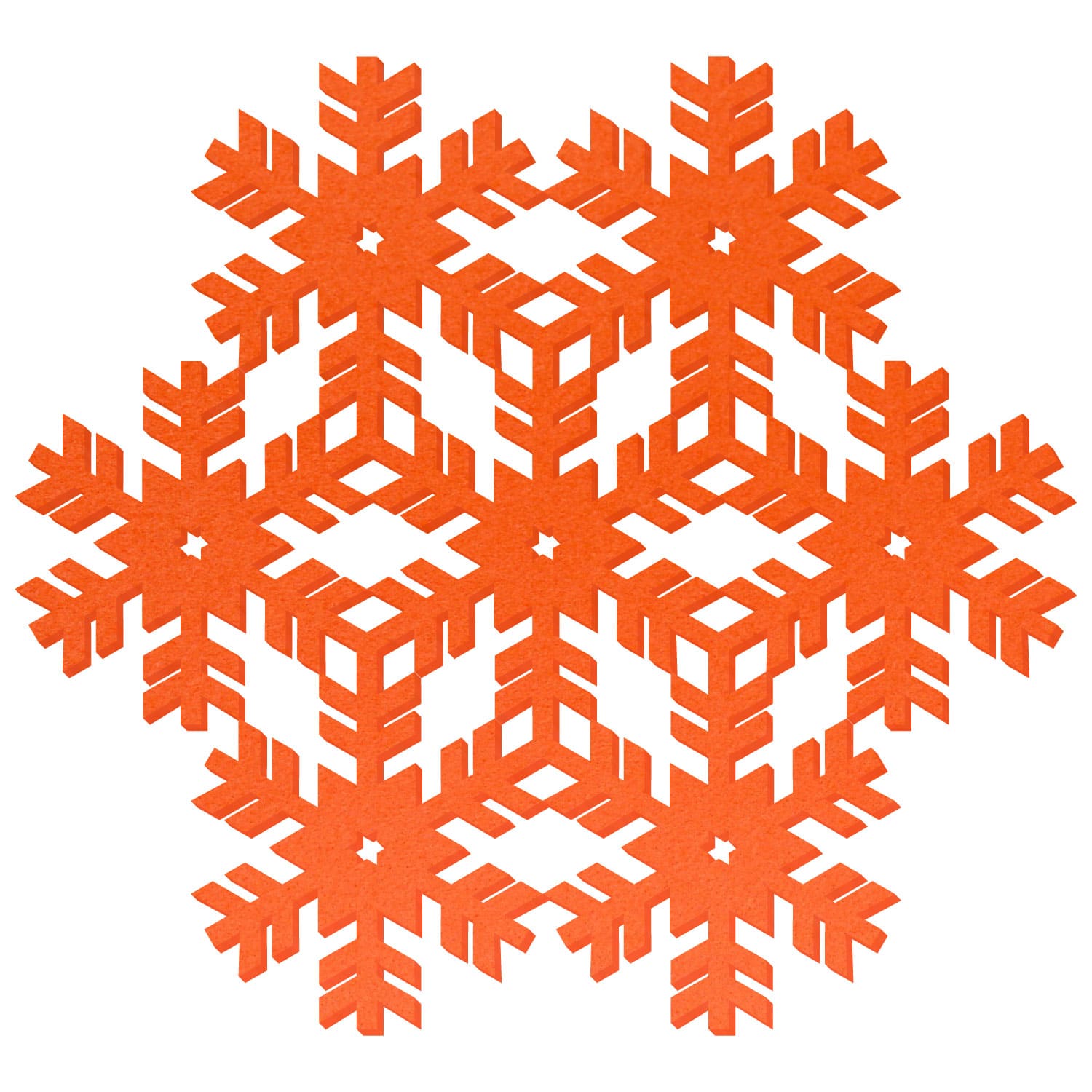 Orangefarbene Filz-Schneeflocke mit symmetrischem, sechsarmigem Muster und ausgestanzten geometrischen Details auf weißem Hintergrund