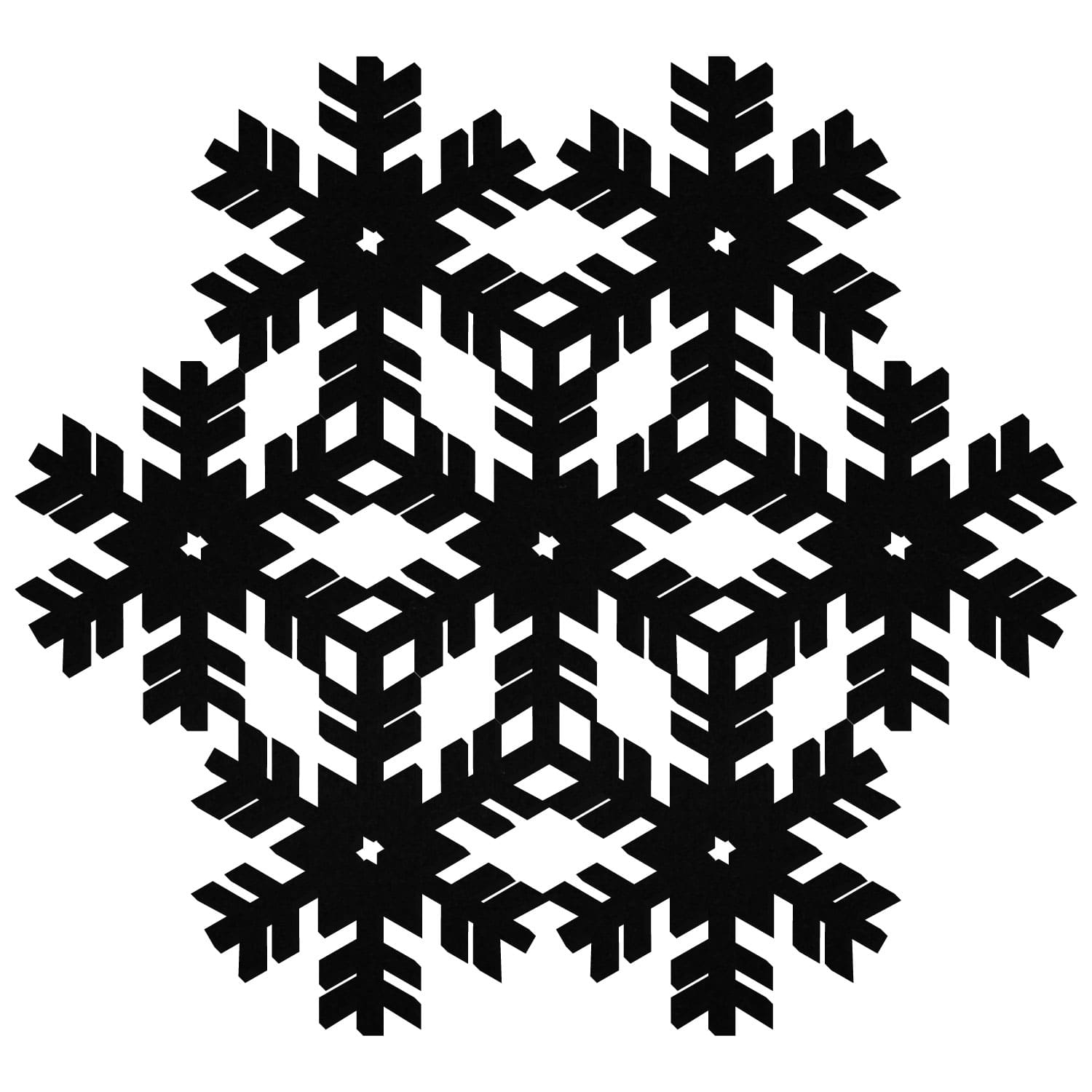 Schwarze Filz-Schneeflocke mit sechszackigem, symmetrischem Muster und detaillierten Verzweigungen sowie geometrischen Würfel-Aussparungen im Inneren, weißer Hintergrund.