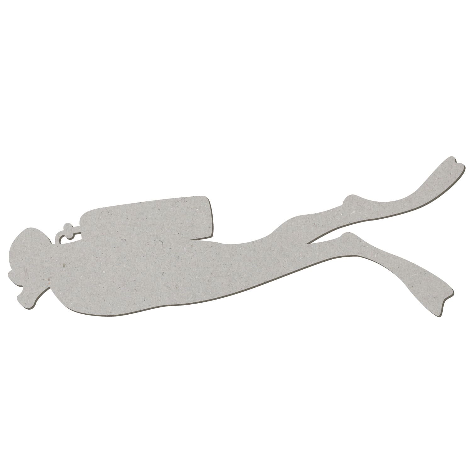 Graue Pappe-Silhouette eines Tauchers mit Pressluftflasche und Flossen in horizontaler Schwimmposition