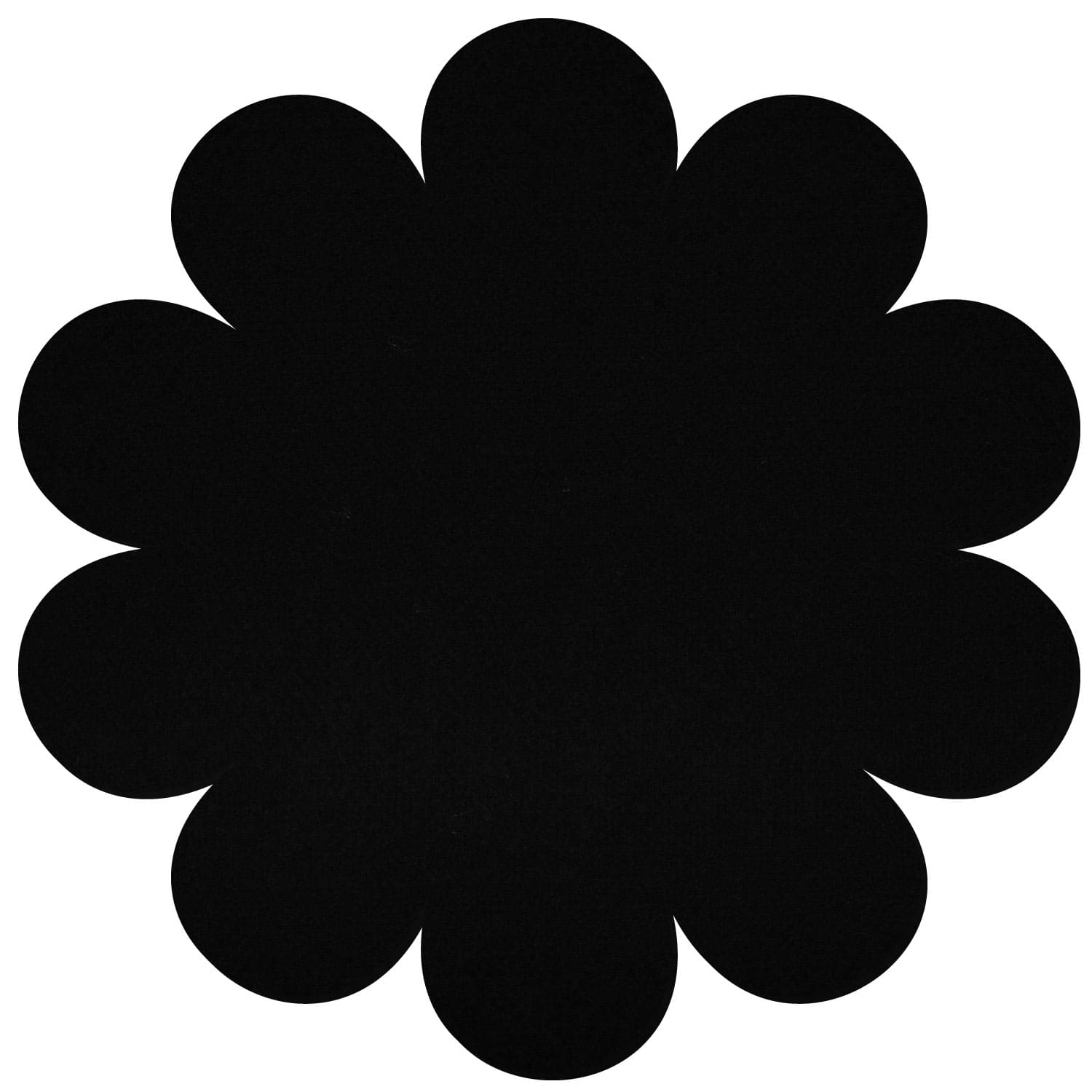 Schwarze Filzblume mit zwölf runden Blütenblättern als flache Silhouette auf weißem Hintergrund