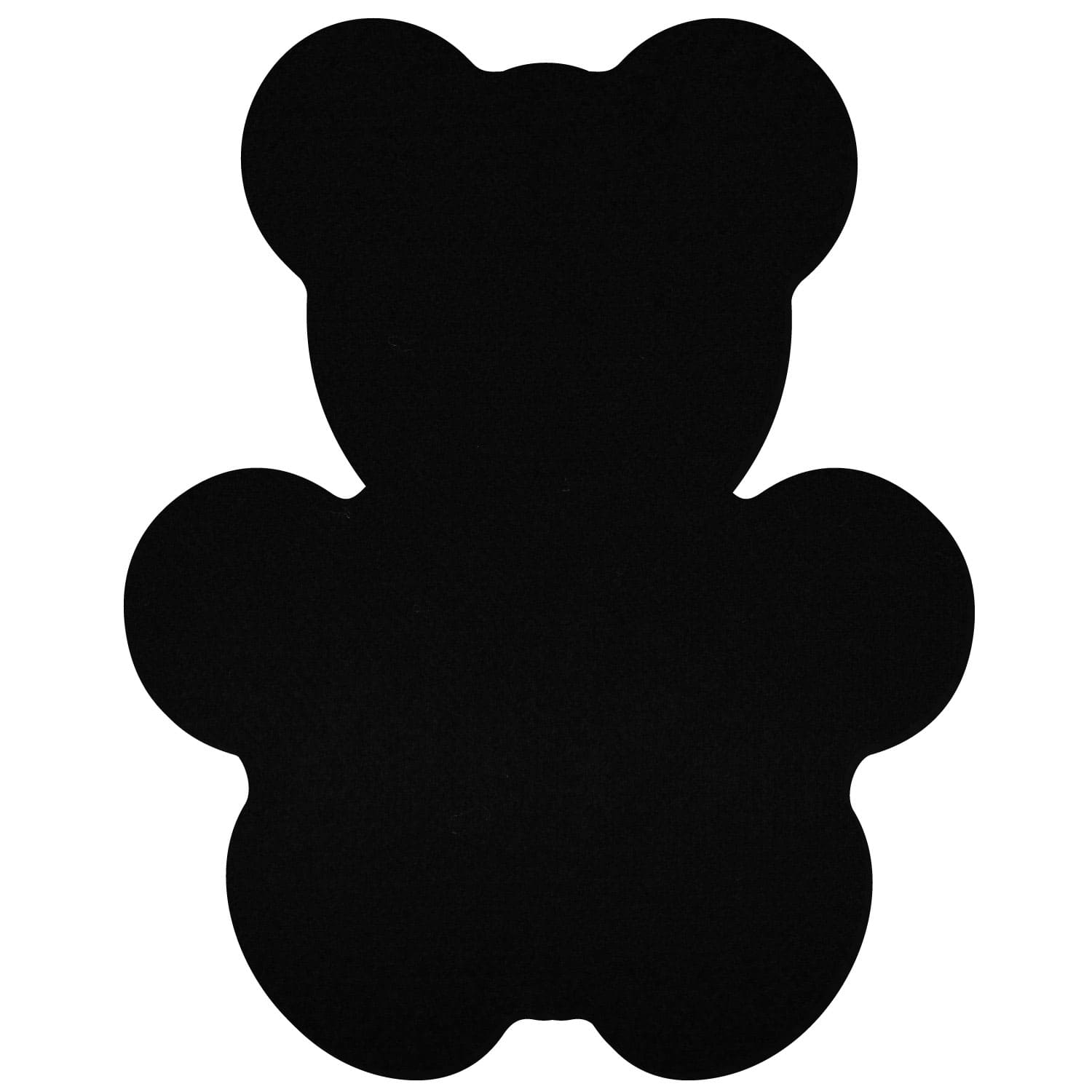 Schwarze Teddybär-Silhouette aus Filz, frontal, mit runden Ohren, Armen und Beinen, auf weißem Hintergrund