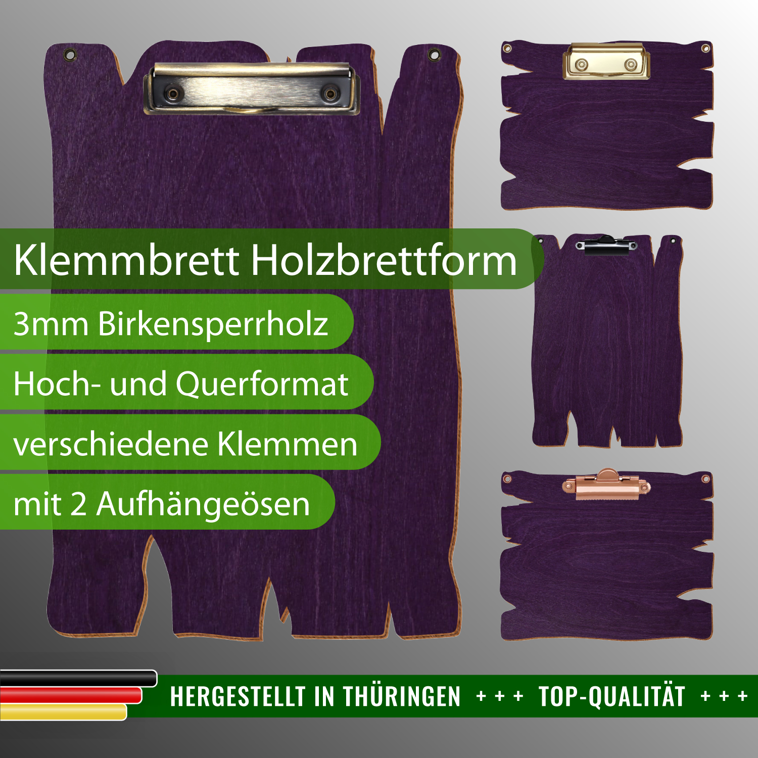 Klemmbrett Holzbrettform Lila mit 2 Ösen mit Produktinfos