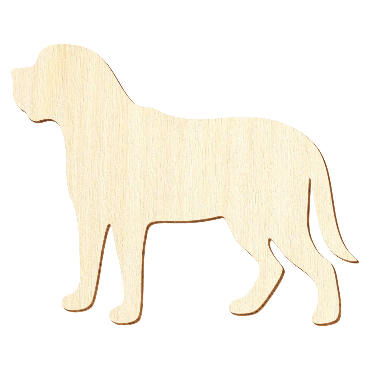 Holzzuschnitt eines Mastiffs in Silhouette, helles unbehandeltes Sperrholz, lasergeschnittene Kontur, stehende Seitenansicht mit gesenktem Schwanz