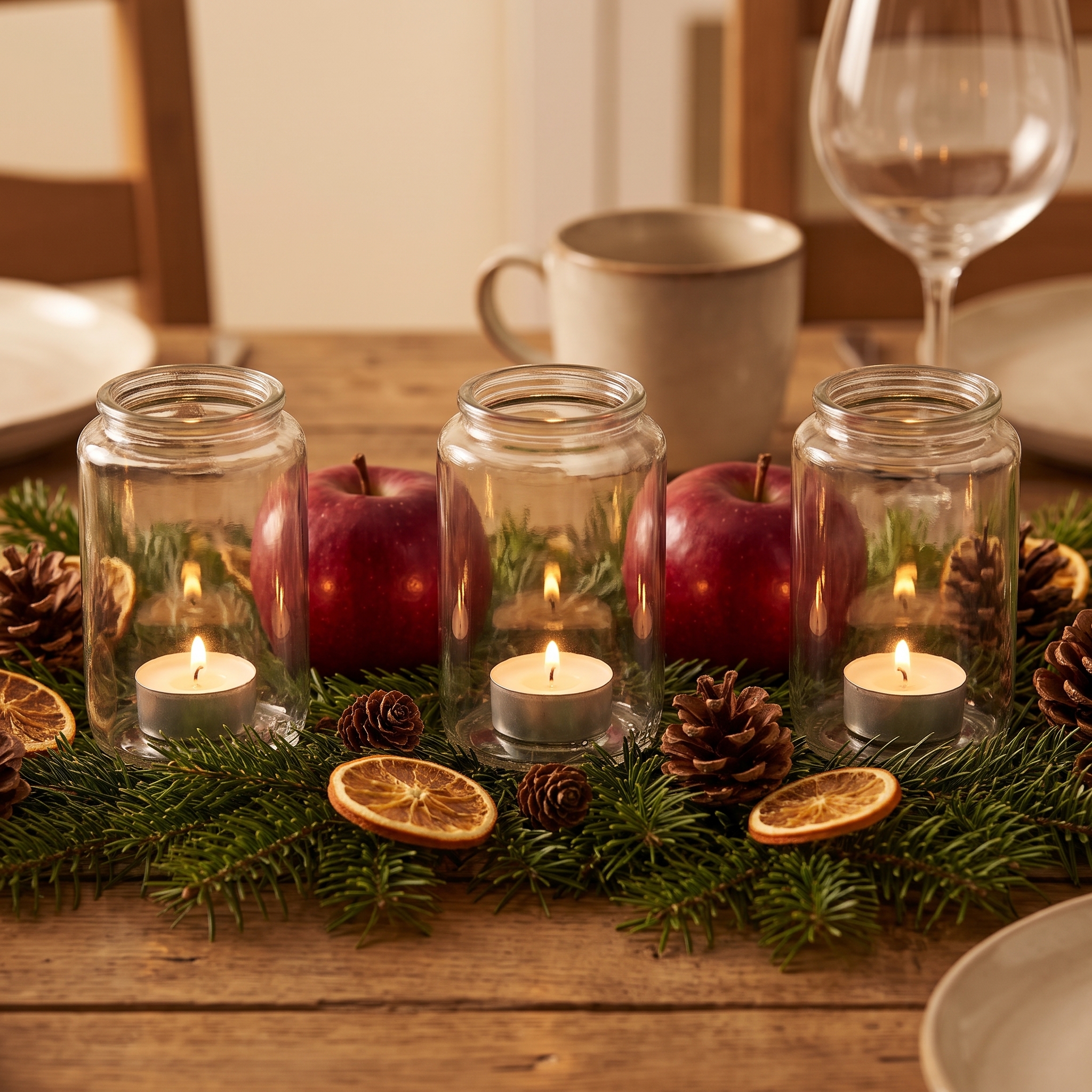 Drei klare Glas-Windlichter mit brennenden Teelichtern auf einem weihnachtlichen Tischgesteck aus Tannenzweigen, roten Äpfeln, Tannenzapfen und getrockneten Orangenscheiben auf einem Holztisch.