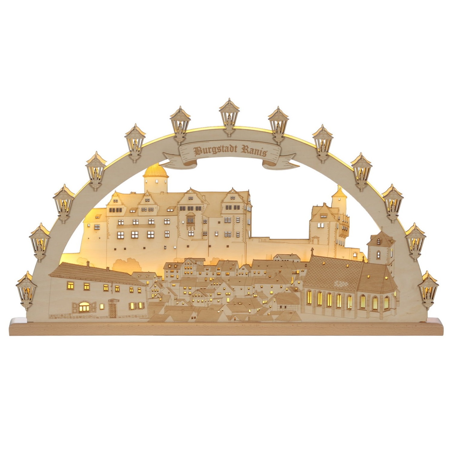 Beleuchteter Holz-Schwibbogen mit Stadtsilhouette der Burgstadt Ranis, Burg auf Anhöhe, Fachwerkhäuser, 18 Kerzenaufsätze im Bogen, Schriftzug „Burgstadt Ranis" auf Banderole, helles Birkenholz, warmweißes LED-Licht