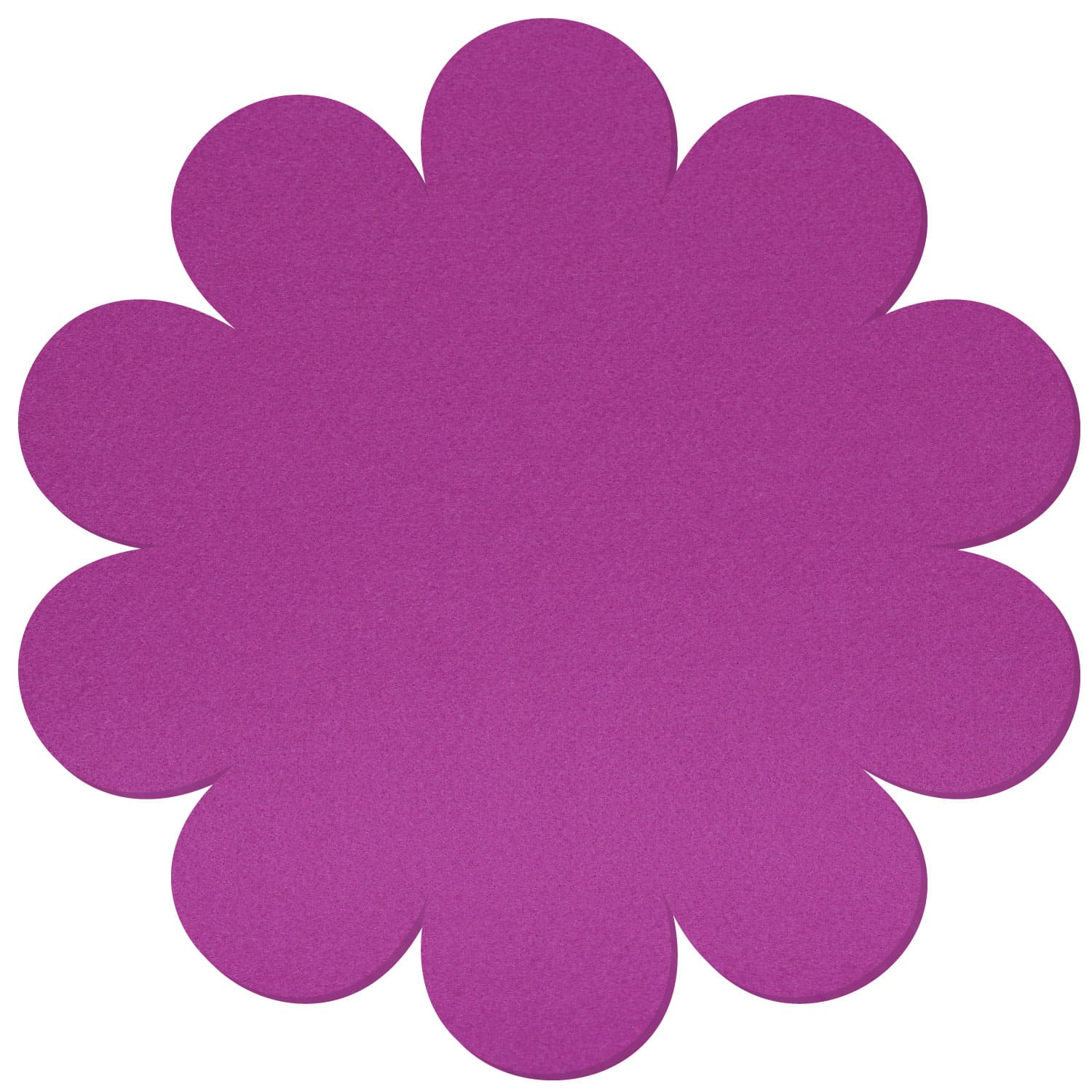 Lila Filz-Untersetzer in Blütenform mit zehn runden Blütenblättern, einfarbig in kräftigem Violett, auf weißem Hintergrund.