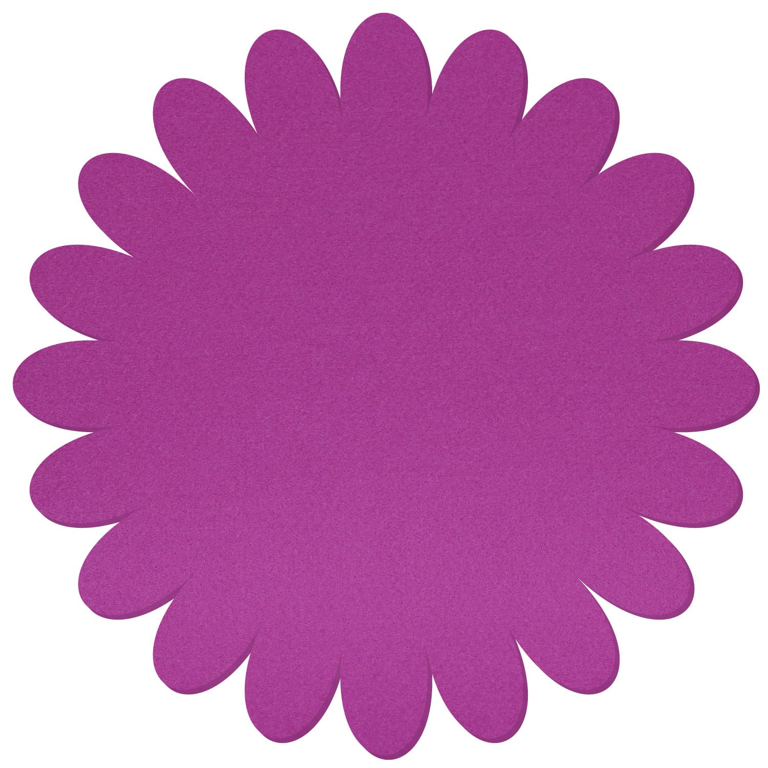 Runder Filz-Untersetzer in Blumenform mit gleichmäßig angeordneten ovalen Blütenblättern, einfarbig in kräftigem Pink-Lila