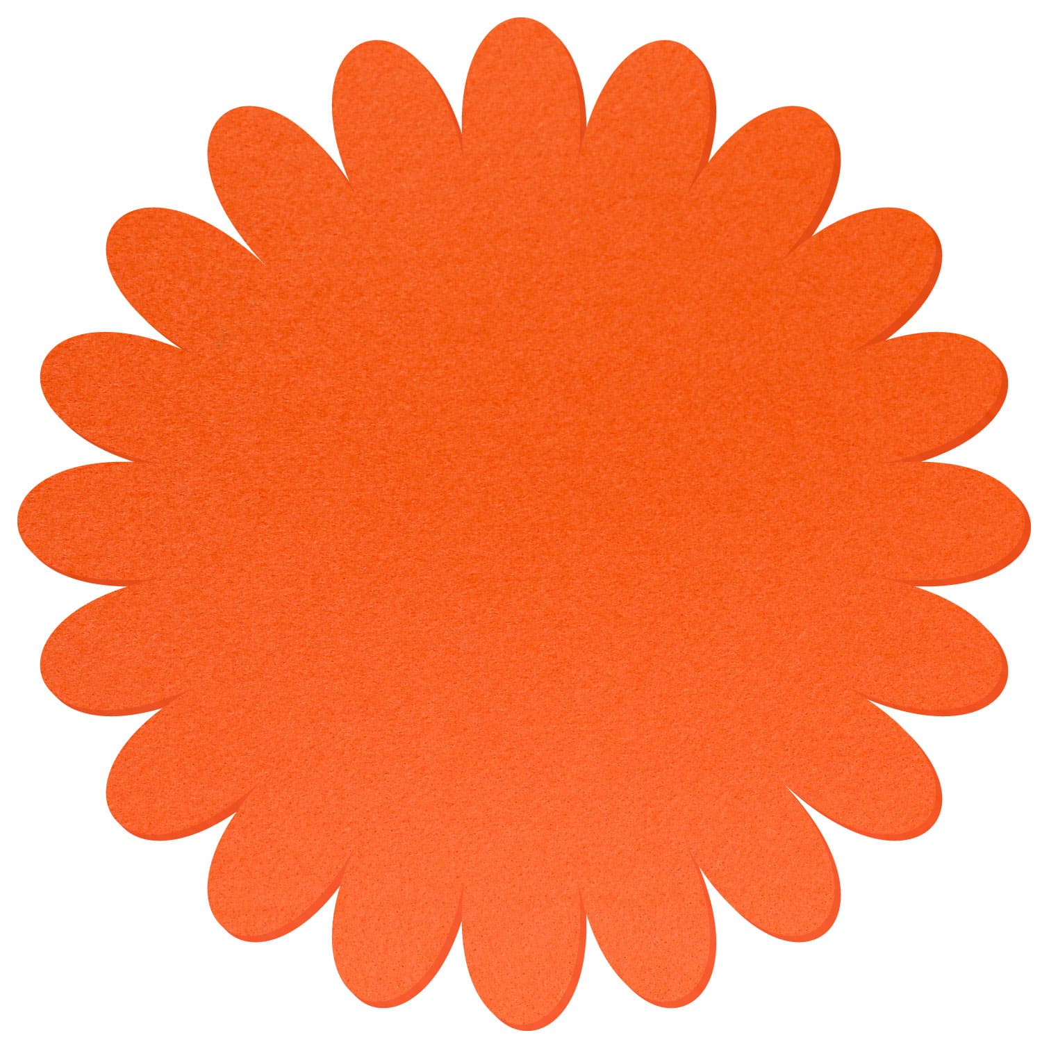 Runder Filz-Untersetzer in Orange mit gleichmäßig angeordneten ovalen Blütenblättern am Rand in Blumenform