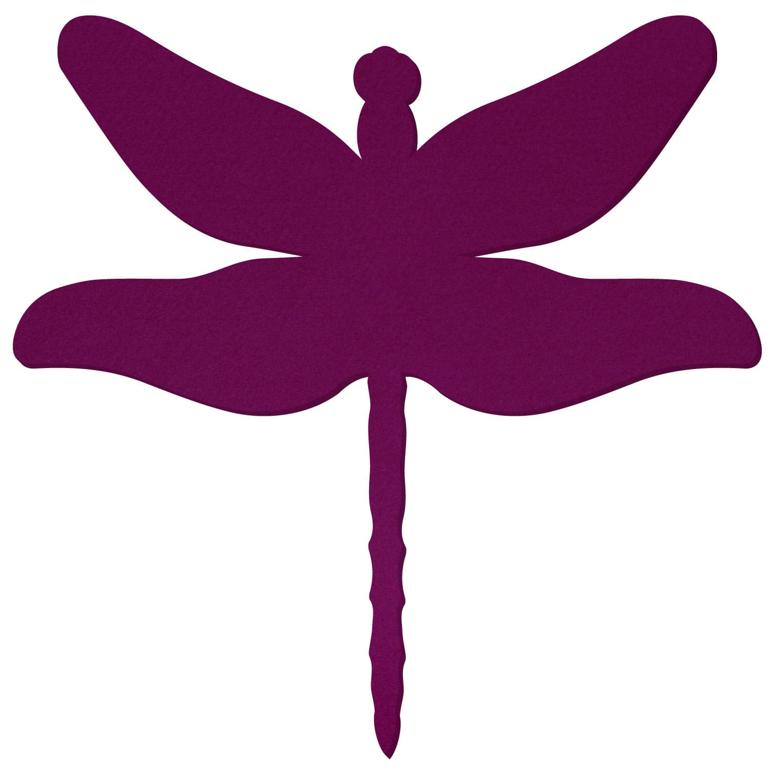 Flache Libellen-Silhouette aus Aubergine-farbenem Polyesterfilz mit vier geschwungenen Flügeln, rundem Kopf und leicht strukturiertem Hinterleib auf weißem Hintergrund.