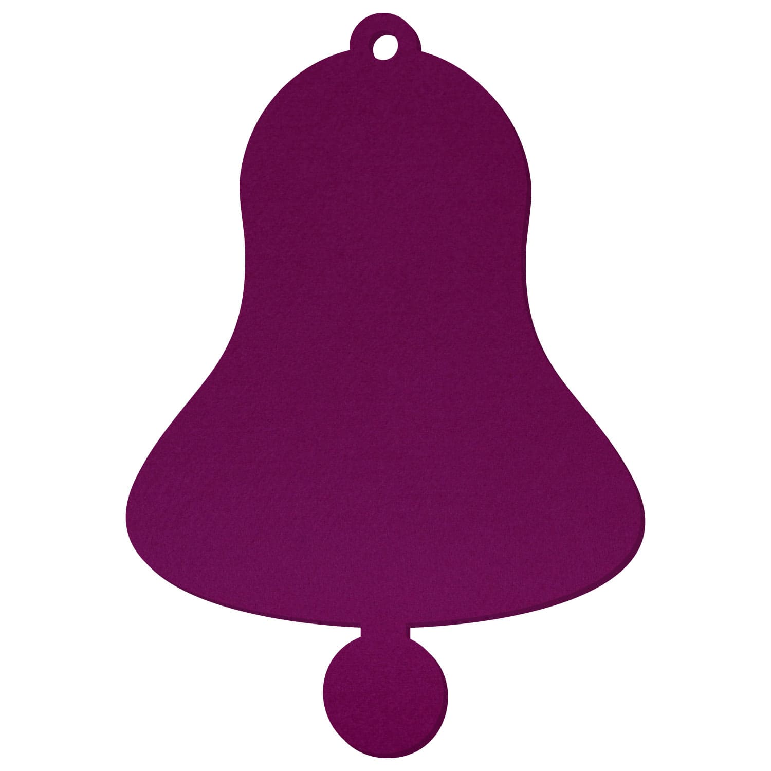 Flache Filz-Glocke in Aubergine mit kleiner runder Öse oben und rundem Klöppel unten, freigestellt auf weißem Hintergrund