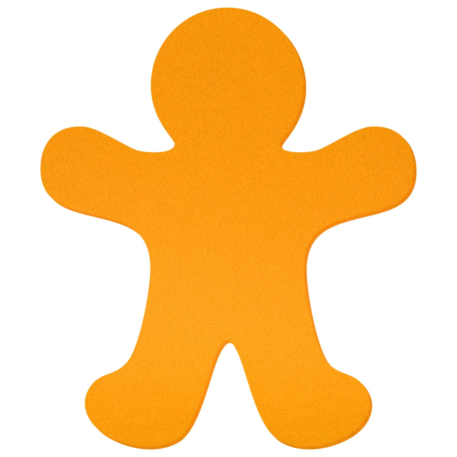 Flache Silhouette eines Lebkuchenmanns aus orangefarbenem Filz mit ausgebreiteten Armen und Beinen, freigestellt auf weißem Hintergrund.