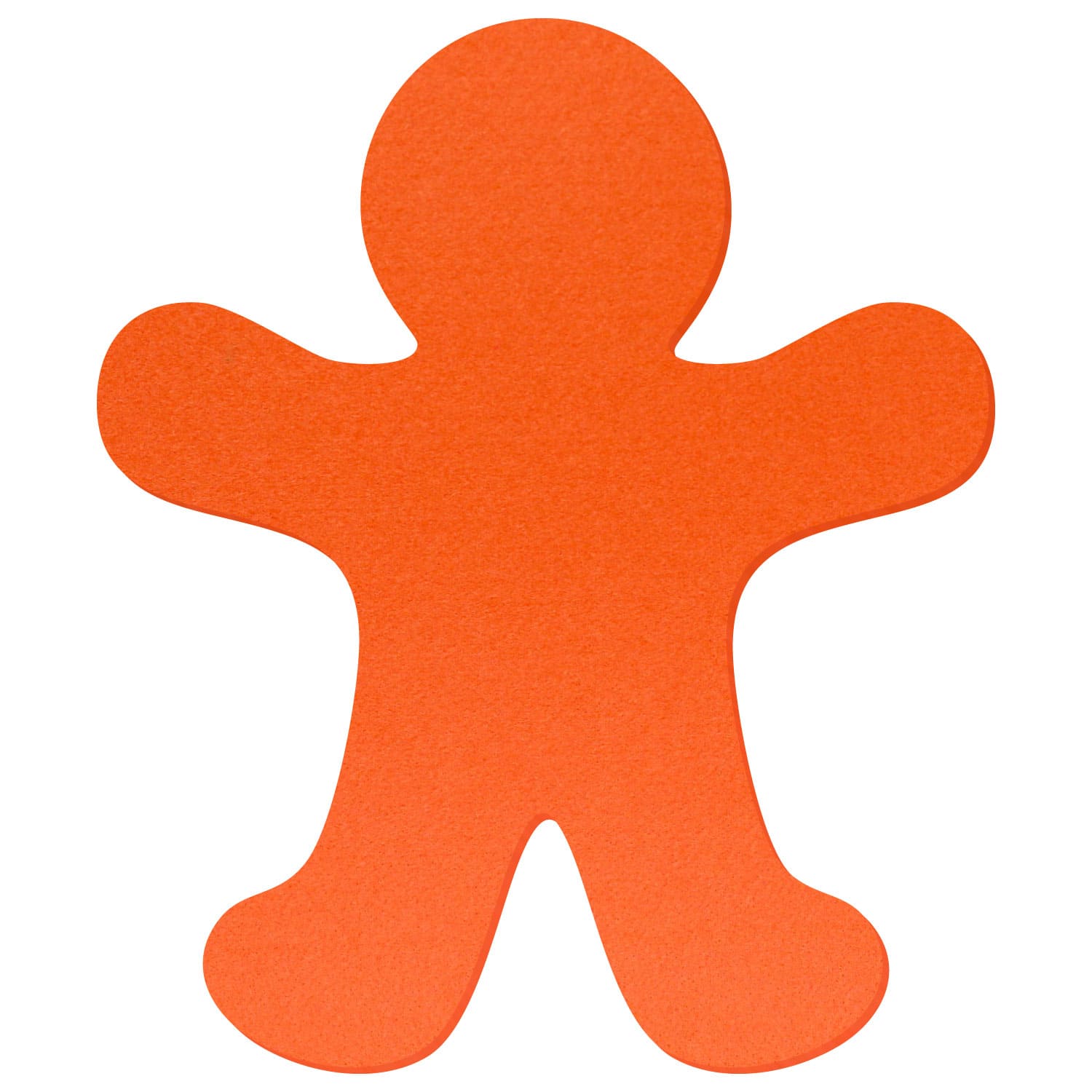 Orangefarbene Lebkuchenmann-Silhouette aus Filz mit ausgebreiteten Armen und Beinen auf weißem Hintergrund