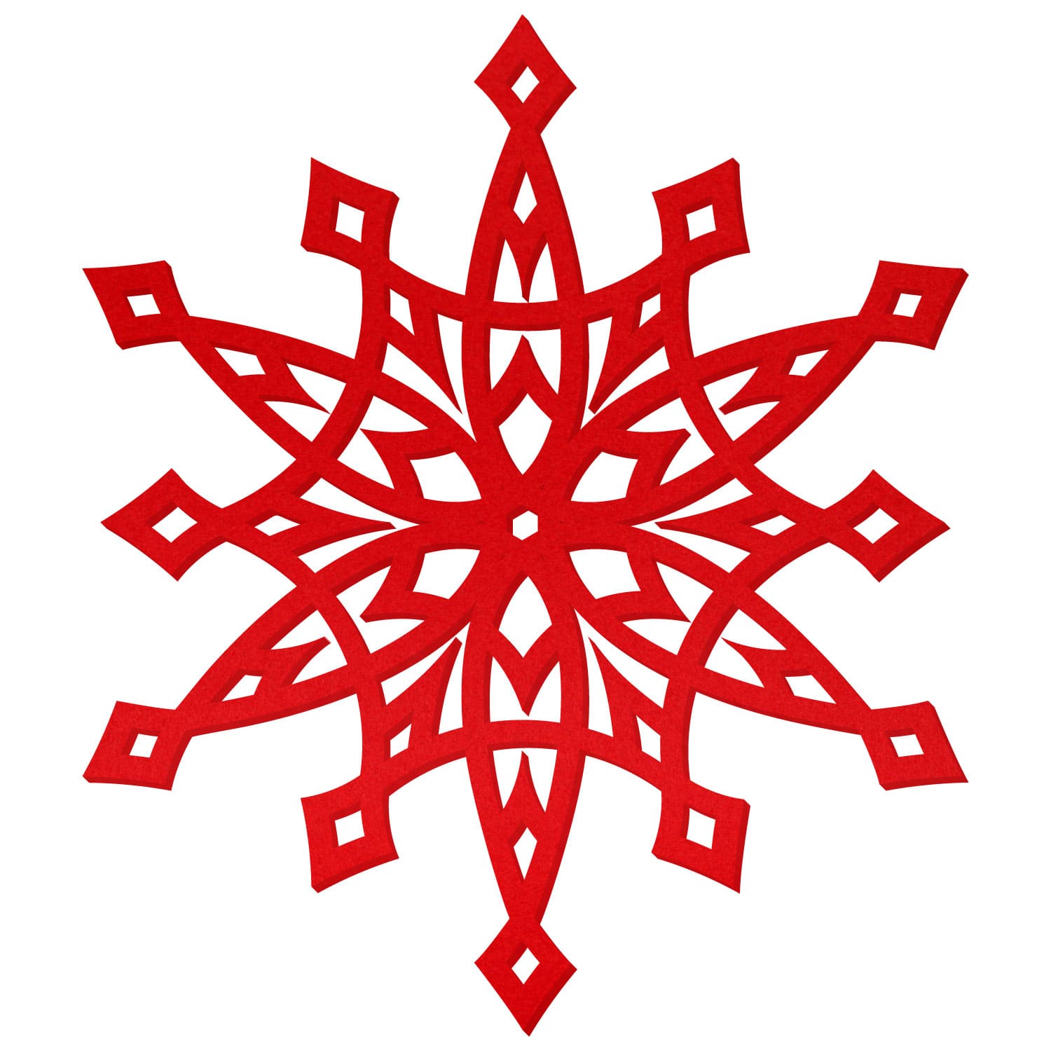 Roter Filz-Zuschnitt in symmetrischer Sternform mit acht Zacken, filigran ausgestanzten Rauten- und Bogenmuster sowie kleinen Quadrat-Aussparungen an den Zackenspitzen auf weißem Hintergrund.