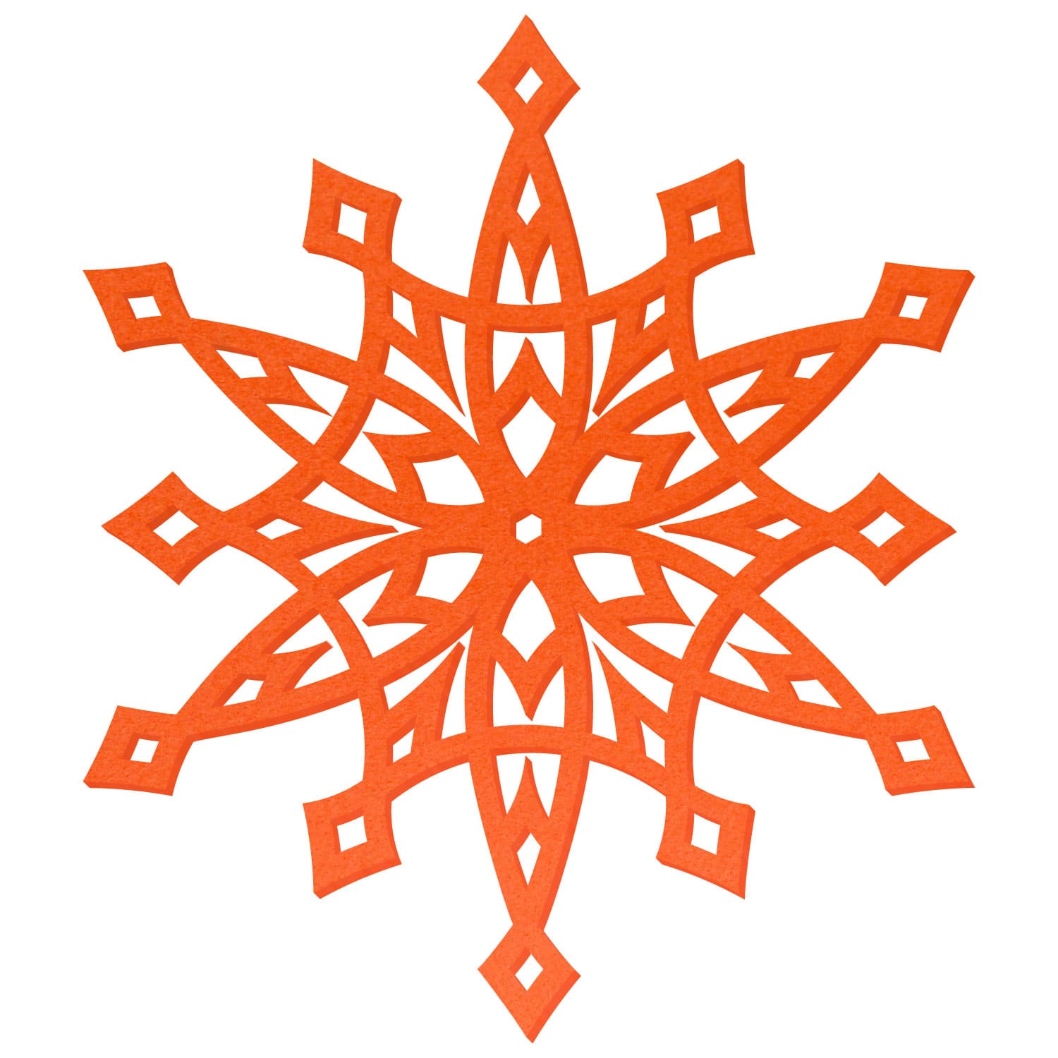 Orangefarbener Filzstern in Schneeflocken-Optik mit lasergeschnittenen geometrischen Aussparungen, Rauten und symmetrischen Zacken auf weißem Hintergrund.
