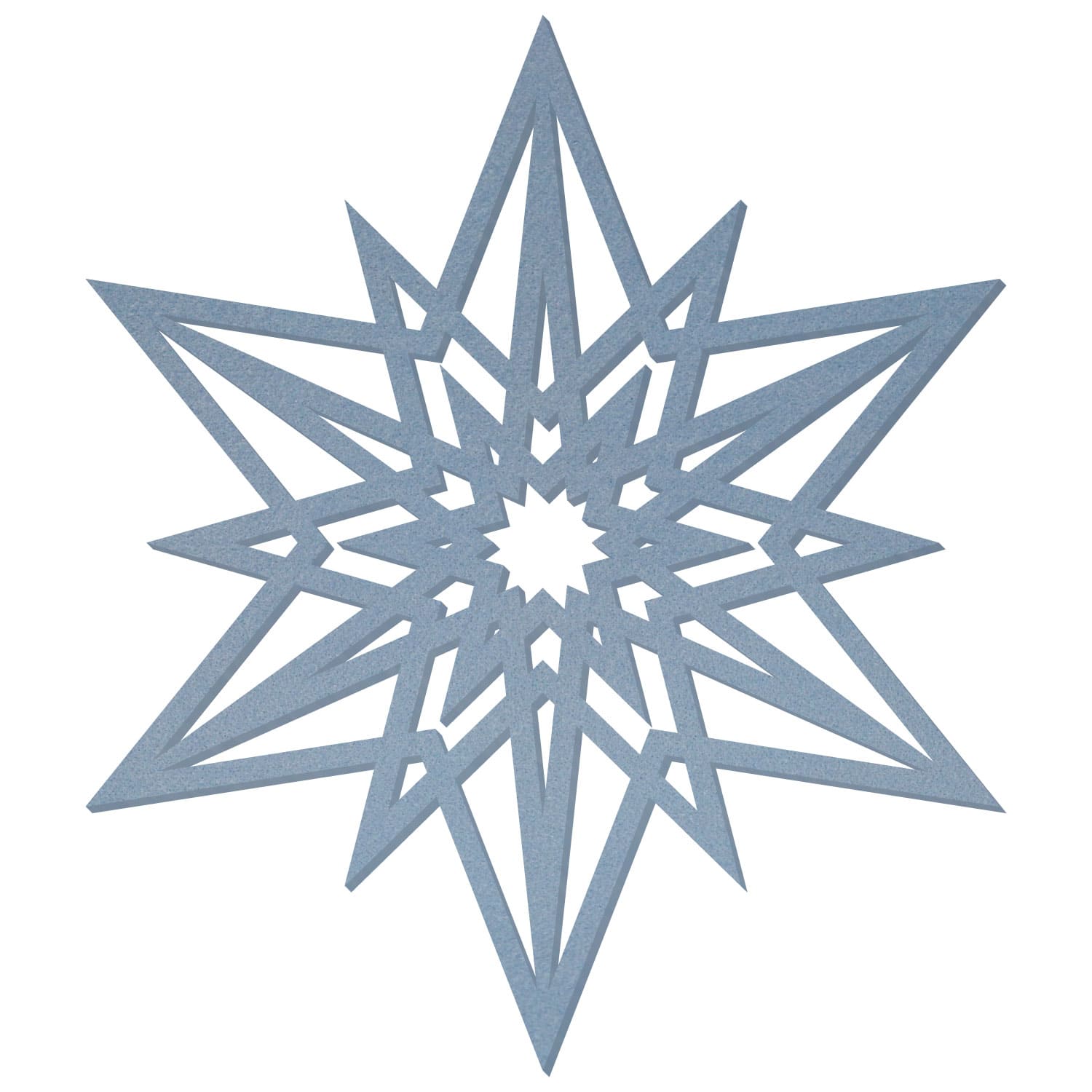Hellblauer Filzstern mit achteckiger, filigran ausgestanzter Sternform und geometrischem Muster aus mehreren konzentrischen Zackenebenen, freigestellt auf weißem Hintergrund.