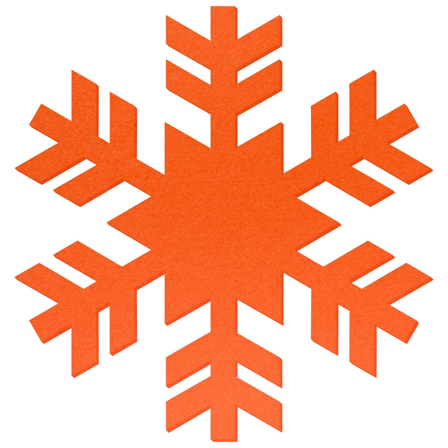 Orangefarbene Schneeflocke aus Filz mit sechs symmetrischen Zacken und Verästelungen auf weißem Hintergrund