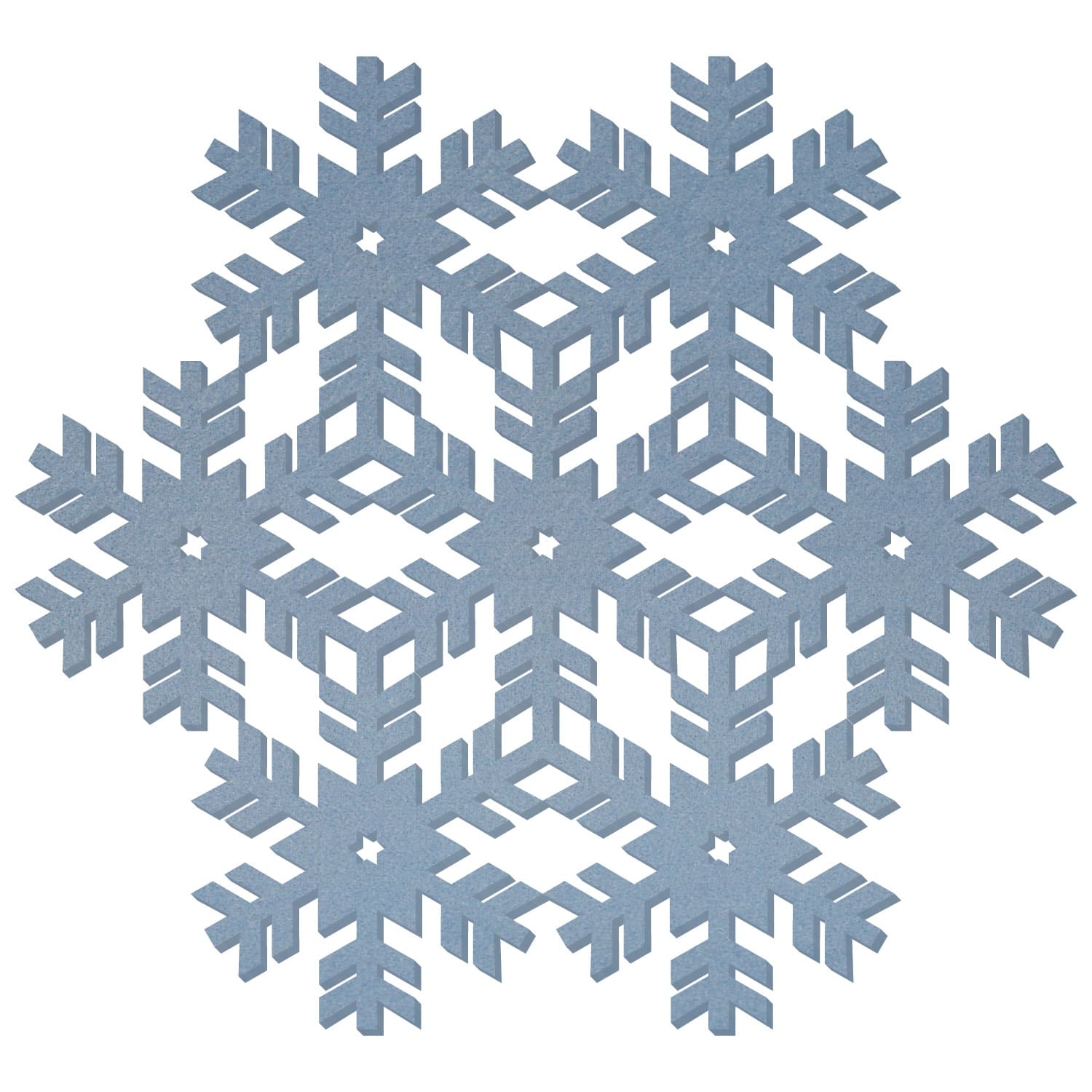 Hellblaue Filz-Schneeflocke mit sechszackigem, symmetrischem Muster aus geometrischen Aussparungen und kleinen Sternformen, lasergefertigt auf weißem Hintergrund